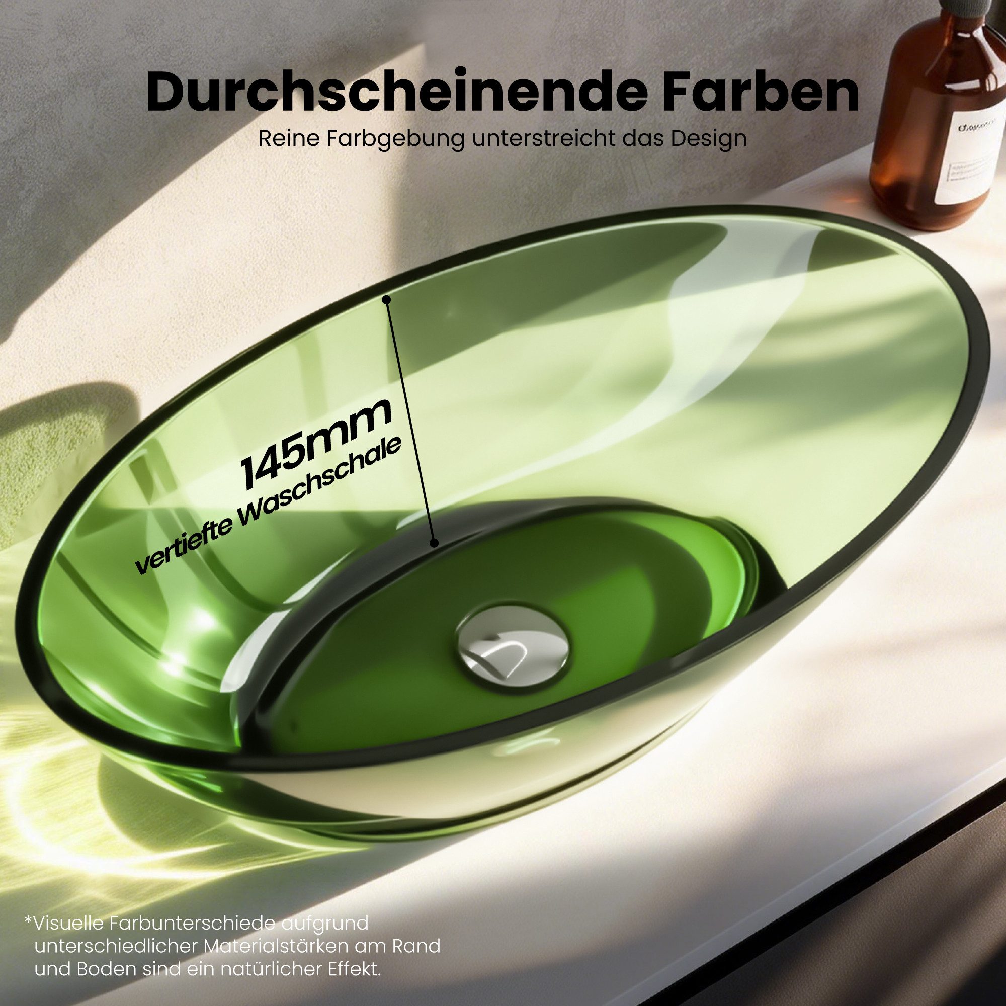 Mai & Mai Waschbecken Aufsatzwaschbecken Waschschale aus Kunstharz Oval 63x34x17 Coloria02, Lichtdurchlässiges Design, Pflegeleichte Oberfläche,DIN-Anschlüsse