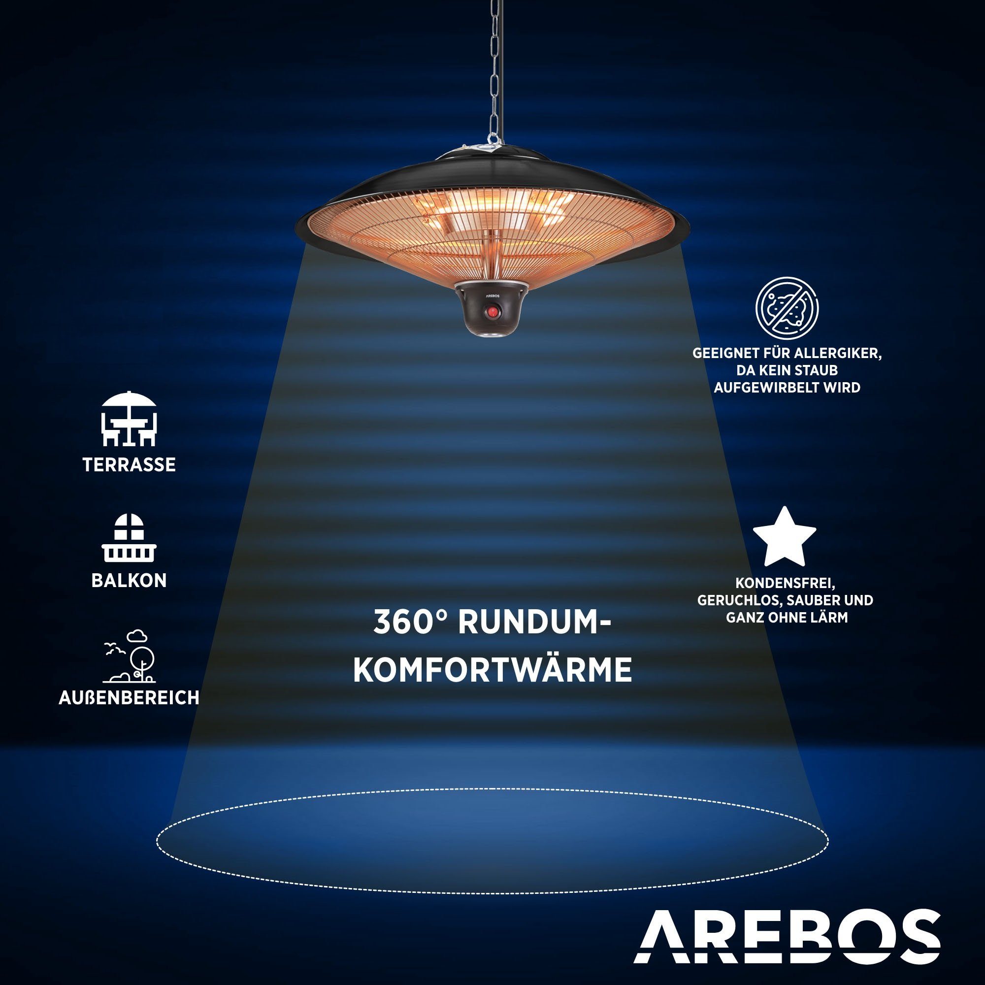 schwarz Fernbedienung inkl. LED-Lampe W, + Arebos Infrarotstrahler Deckenheizstrahler, 2.000