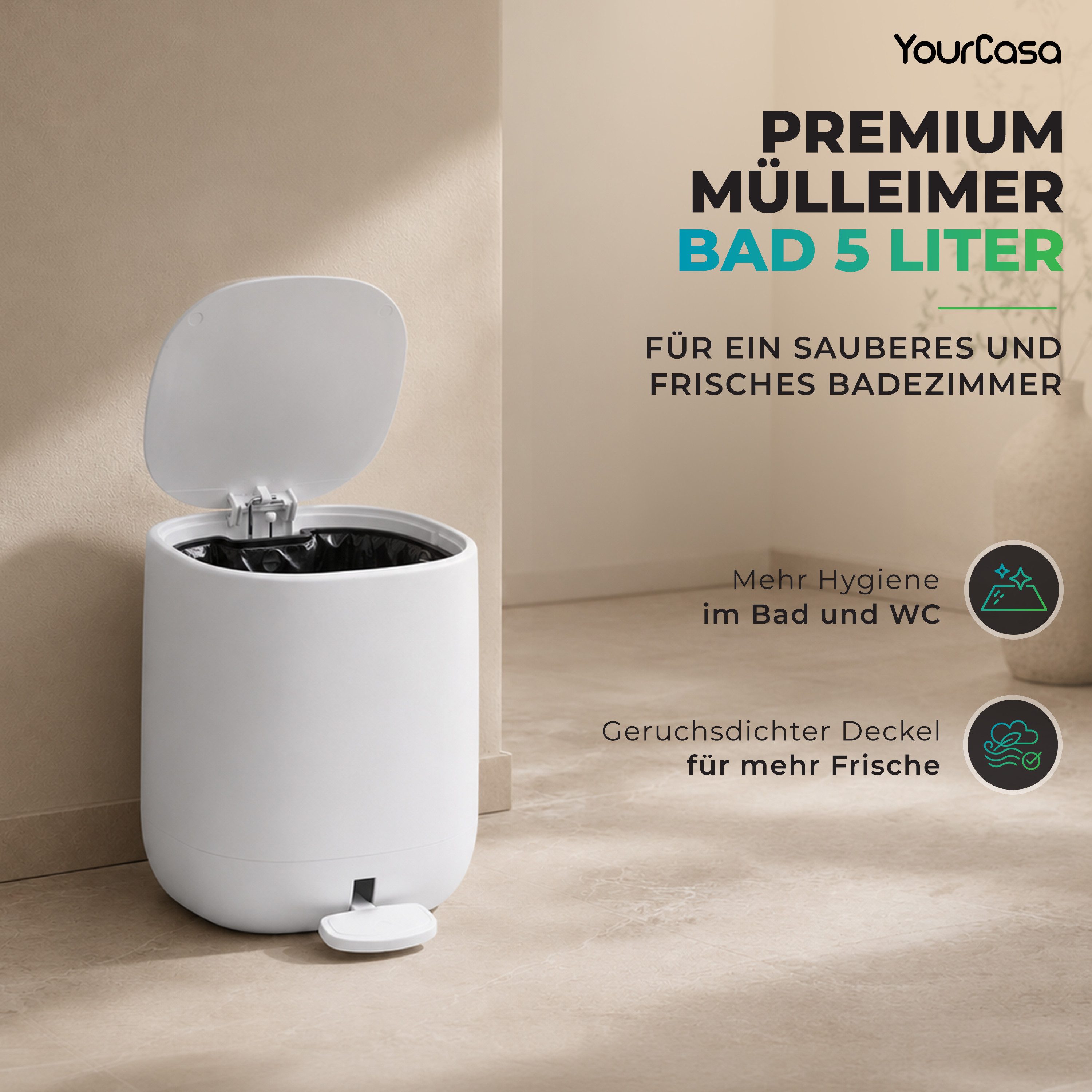 YourCasa Mülleimer YourCasa Mülleimer Bad [5L] Elegantes Design Badezimmer Kosmetikeimer, ABS Kunsstoff
