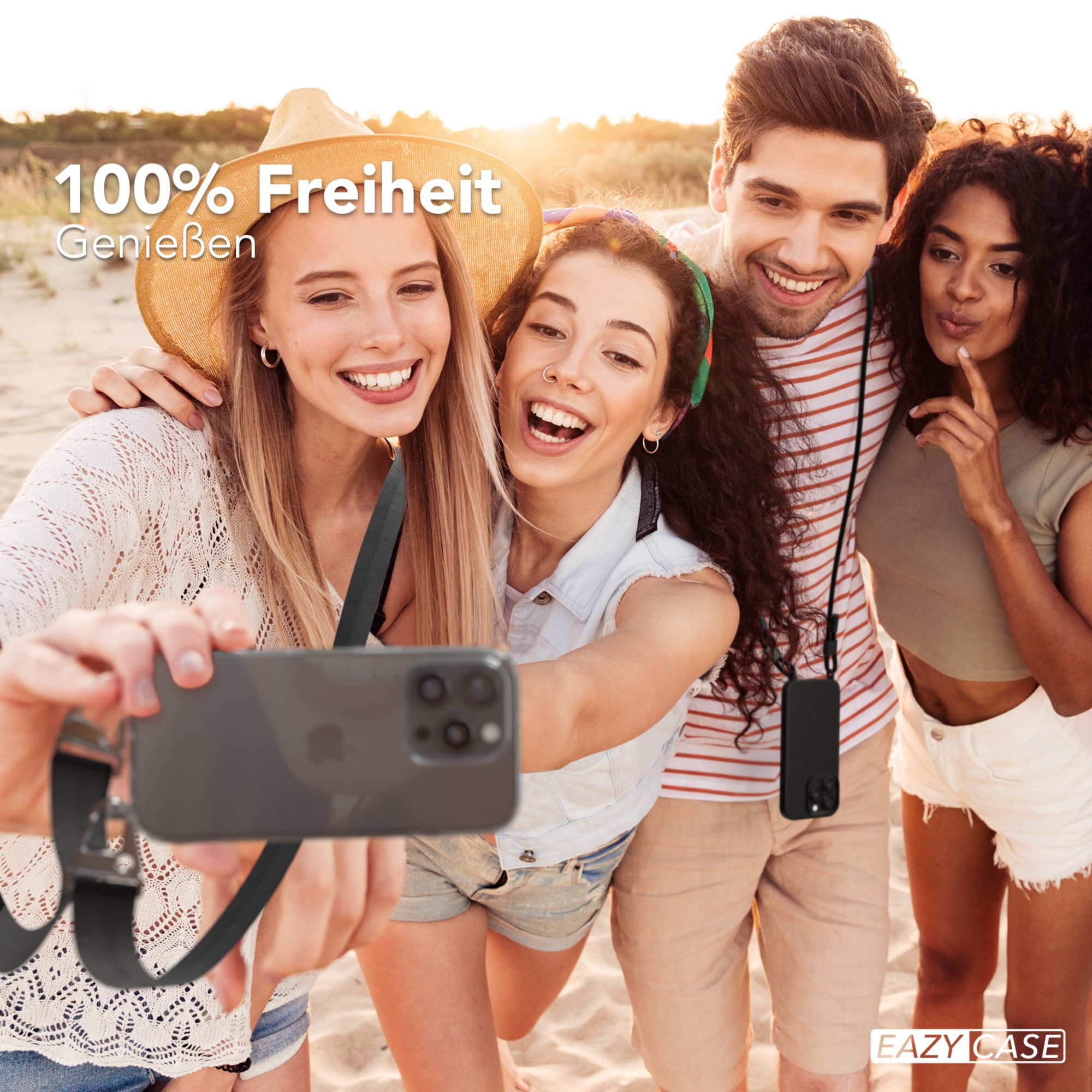 EAZY CASE Handykette Silikon Kette Karabiner für Apple iPhone 16 Pro 6,3 Zoll, Schutzhülle zum Umhängen Handyhülle mit Umhängeband Schwarz Silber