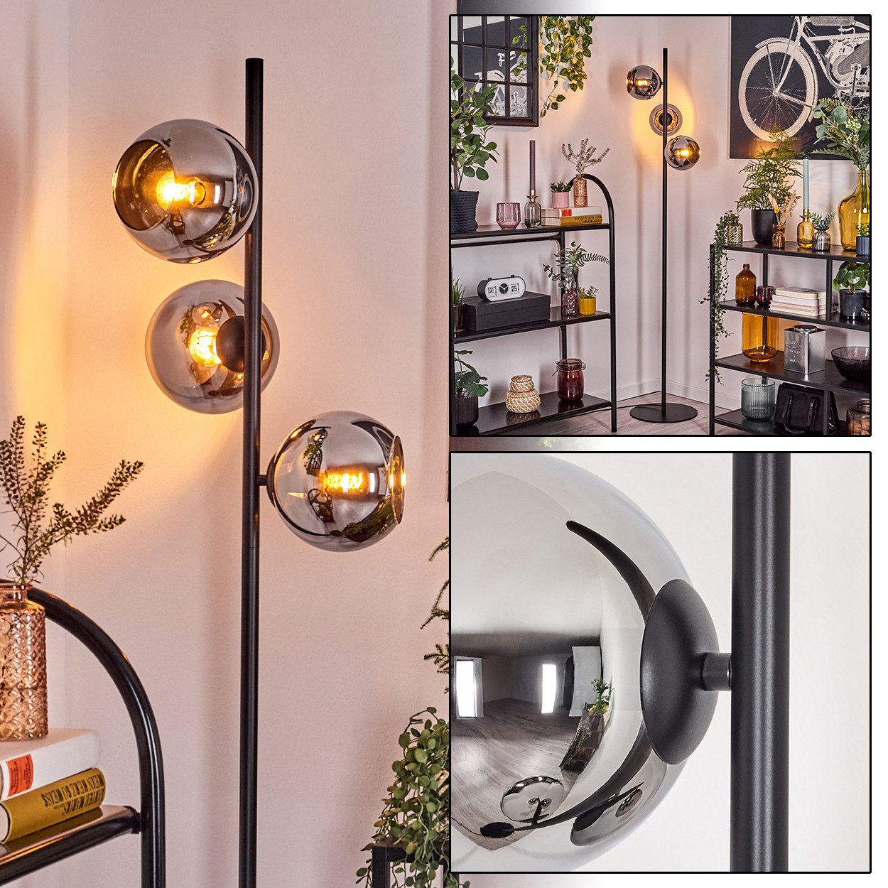 Stehlampe Stehlampe aus Metall/Glas in Schwarz/Chrom/Rauch mit Fußschalter