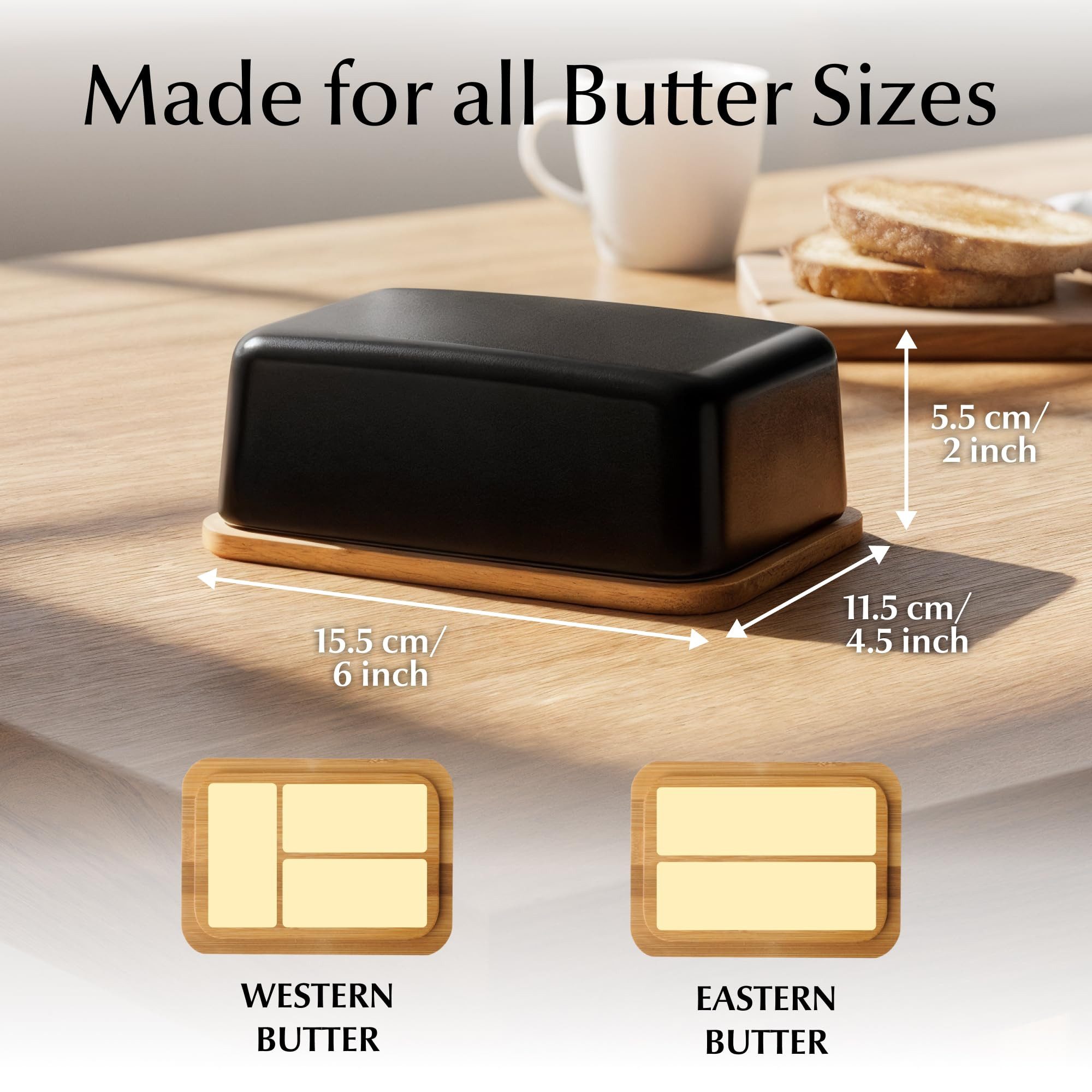 MiaMio Butterdose mit Bambusdeckel, 620 ml, Schwarz, Keramik, (Set, 2-tlg., 2-teilig: Keramikdose und Bambusdeckel), Bambusdeckel, 620 ml