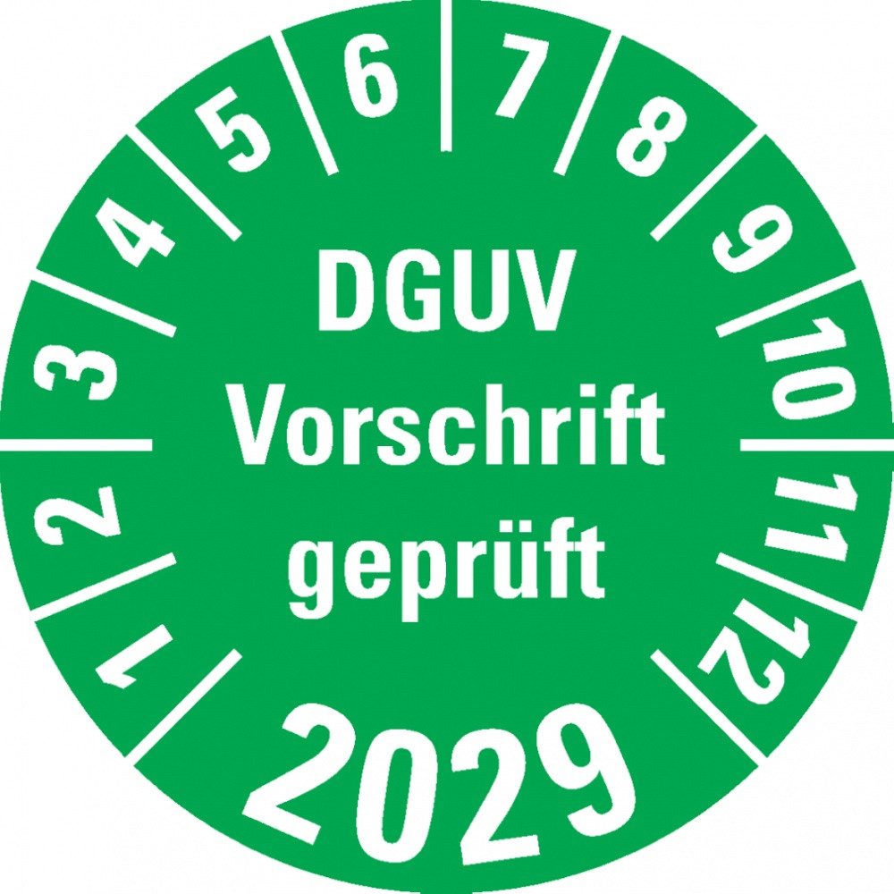Hinweisschild Prüfplakette DGUV Vorschrift geprüft 2029, grün, Folie, Ø 30mm, 18/Bog