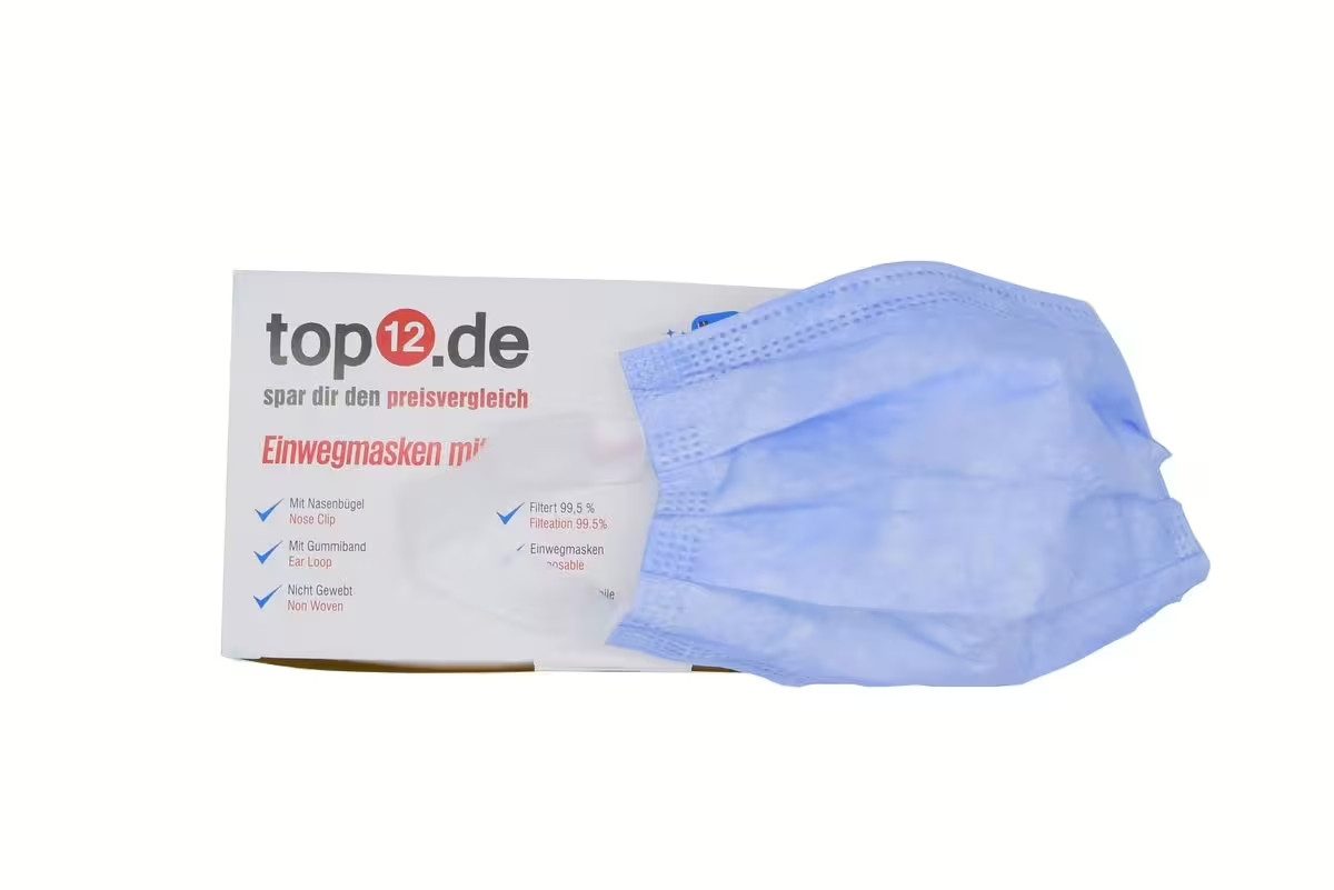 top12.de Mund-Nasen-Masken Mund-Nasen-Schutz 50er Set Typ II blau weiches Gummiband Einwegmaske, 50-St., Hautfreundlich, atmungsaktiv, hygienisch verpackt