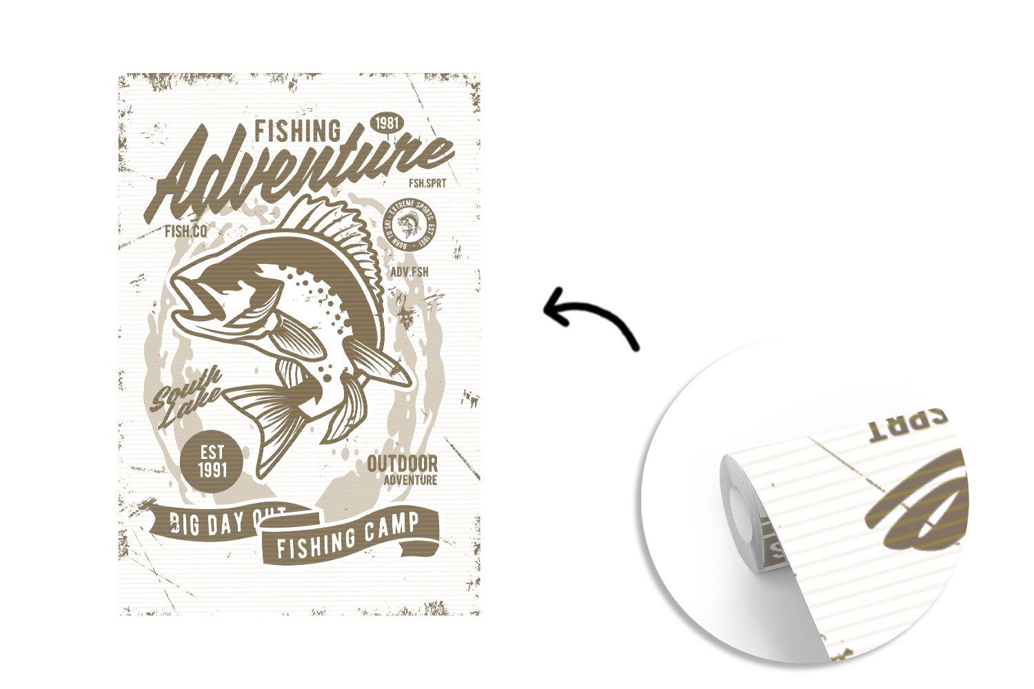 MuchoWow Montagefertig Vinyl für Fototapete Zeichnung Retro, Wohnzimmer, - St), Matt, (3 Wandtapete - bedruckt, Fische Tiere - Tapete