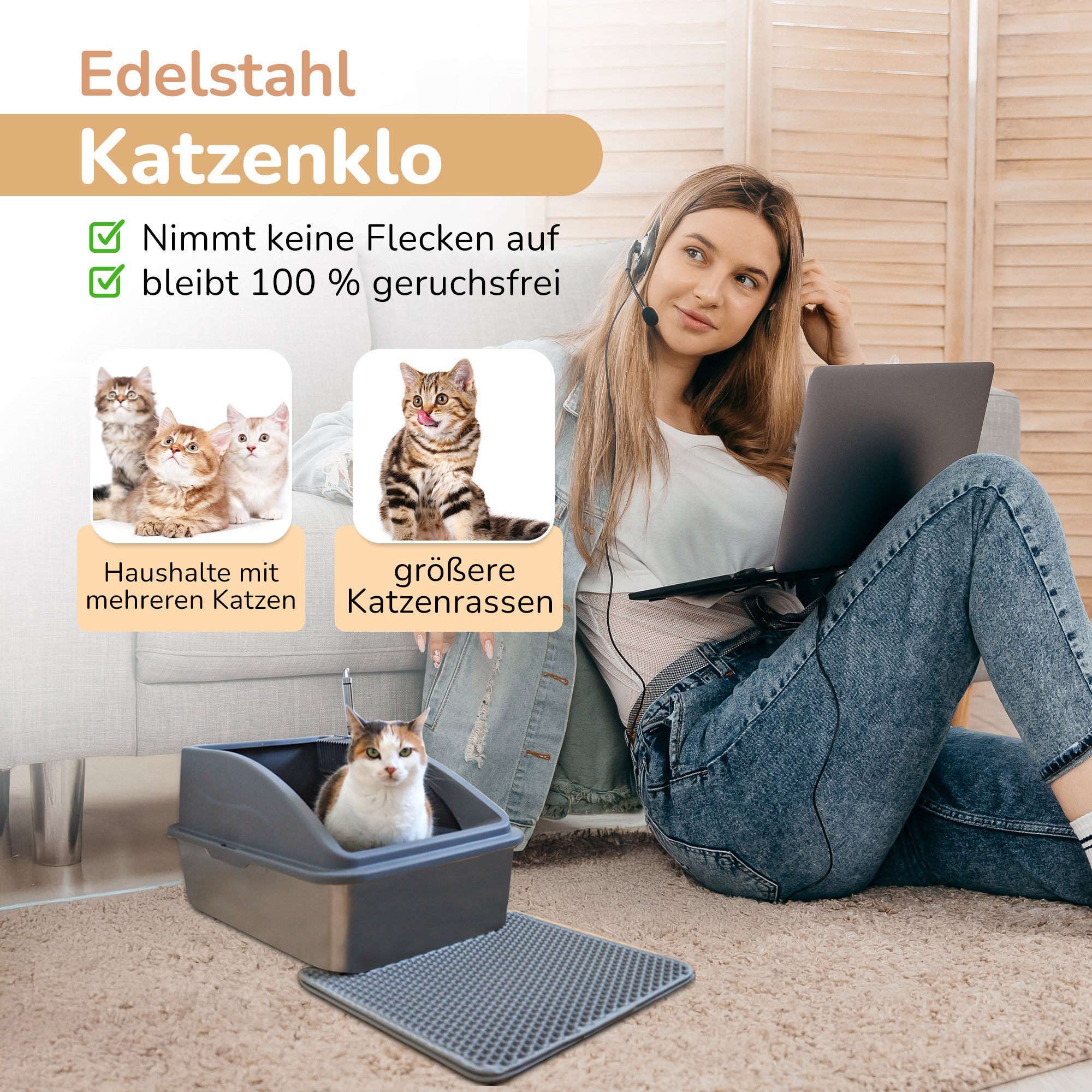LINUMA Katzentoilette Edelstahl inkl. Streumatte & Schaufel Katzenklo hygienisch & langlebig, Edelstahl Katzenklo – hygienisch, geruchsfrei & langlebig