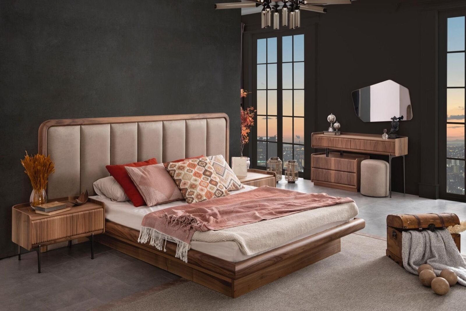 JVmoebel Schlafzimmer-Set Braune Luxus Holz Schlafzimmer Garnitur Bett Spiegel Schminktisch, (5-St., 1x Bett + 2x Nachttische + 1x Schminktisch + 1x Spiegel), Made in Europa