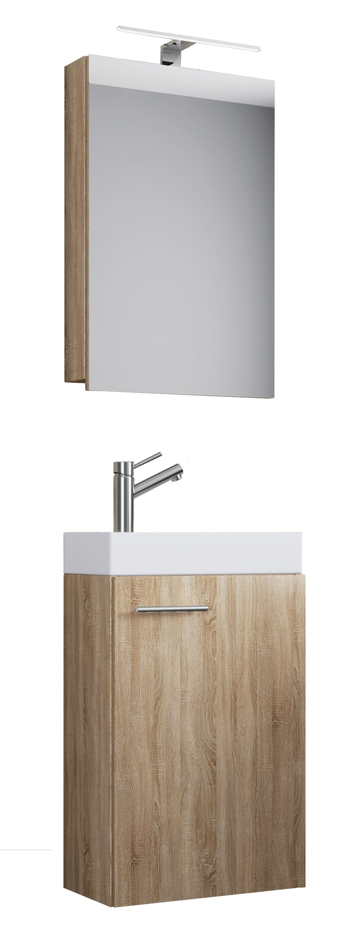 VCM Badmöbel-Set Slito 3er Set B. 41 x T. 22 x H. 130 cm, (Komplett-Set, 3-St., 1x Unterschrank 1x Waschbecken 1x Spiegelschrank), Kompakter Waschplatz mit Stauraum, Gäste-WC und kleine Bäder, 2 Fächer