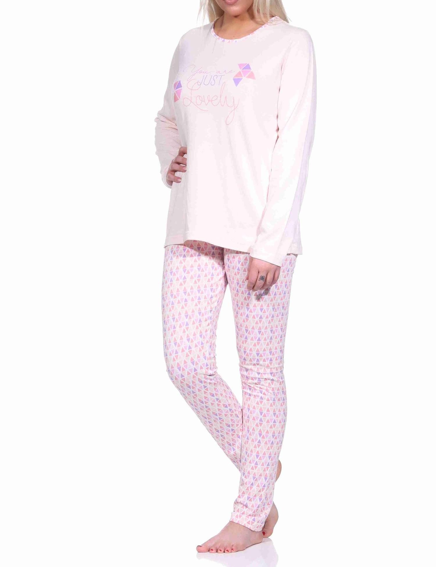 RELAX by Normann Pyjama Damen langarm Schlafanzug mit allover Druck und Frontprint