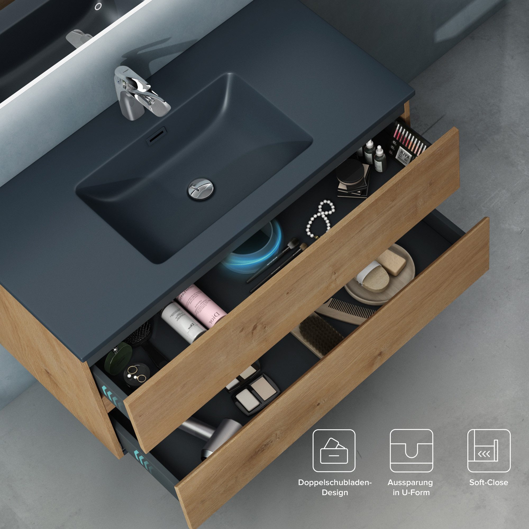 doporro Badmöbel-Set Badezimmermöbel Badezimmer inkl. matt Anthrazit Waschbecken Waschtisch – Bild 5 von 5