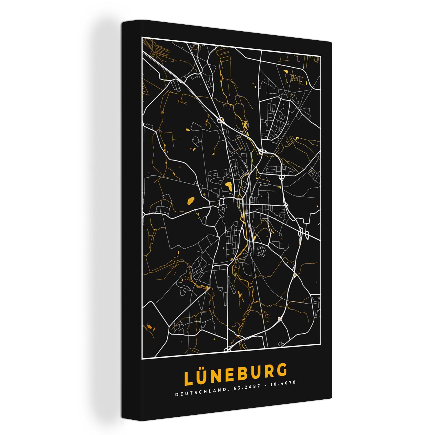 (1 Karte inkl. - Leinwandbild bespannt Lüneburg, Stadtplan Gemälde, Gold Deutschland cm - fertig - 20x30 St), - Leinwandbild Zackenaufhänger, OneMillionCanvasses®