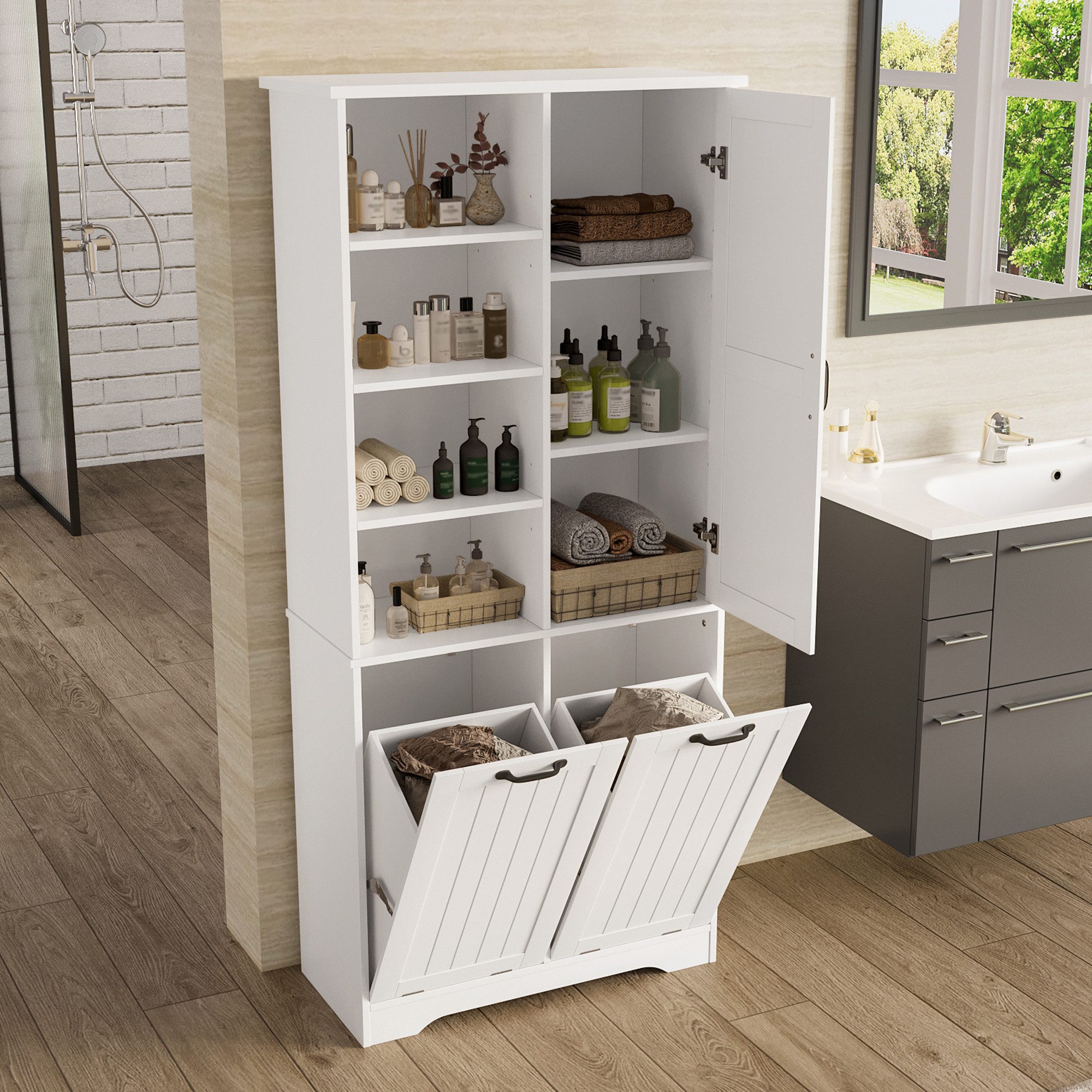 REDOM Hochschrank Badezimmerschrank (mit Feuchtigkeitsbeständigem Lack, Doppeltem Wäschekorb, Verstellbaren Regalen & Viel Stauraum)