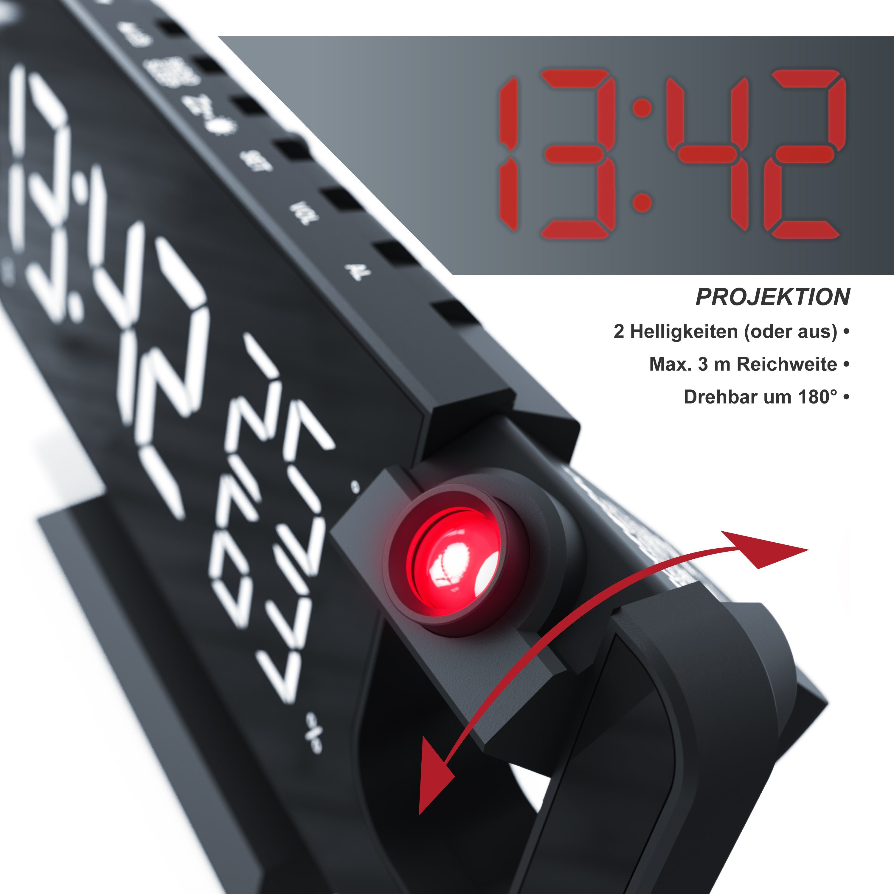 CSL Radiowecker Projektions Wecker Digital, Autodimmer, Dual-Alarm 12 / 24h & USB Projektionswecker, Radio, Temperatur & Luftfeuchtigkeitsanzeige