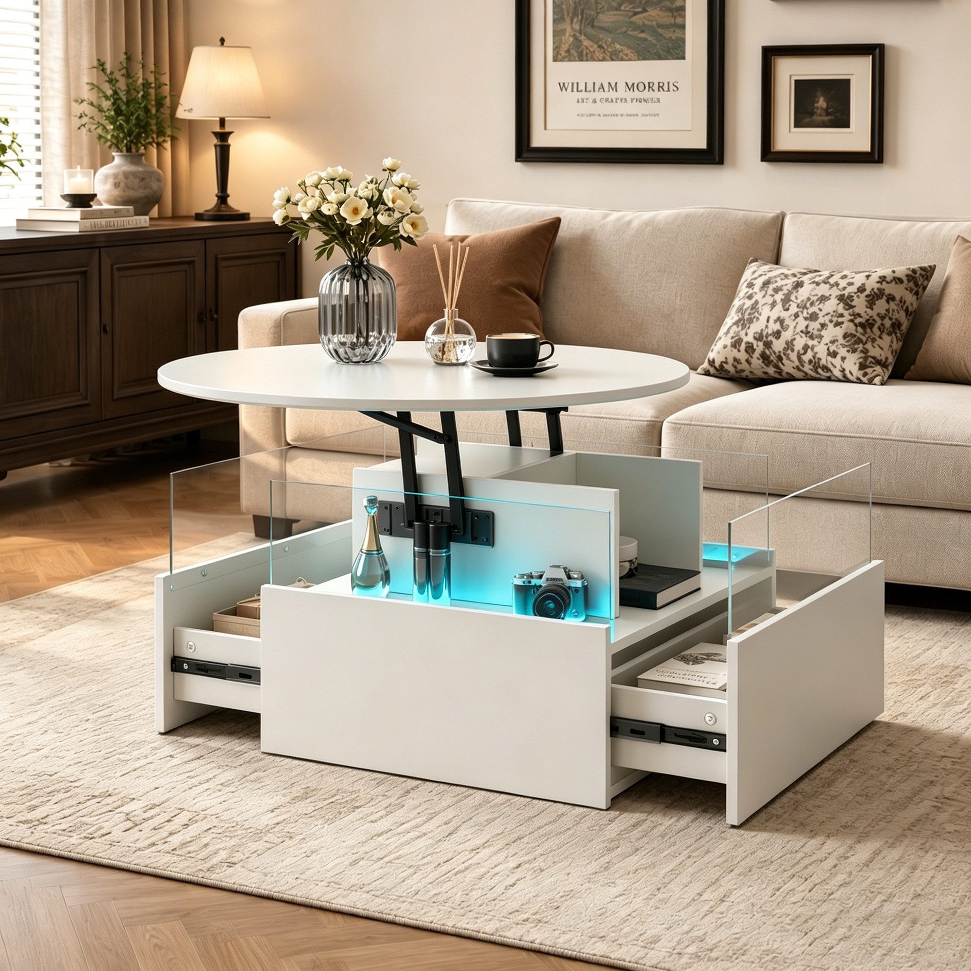 radelldar Couchtisch mit LED Beleuchtung, höhenverstellbarer Wohnzimmertisch, 78x78x40cm (1-St., 1 Tisch), höhenverstellbarer