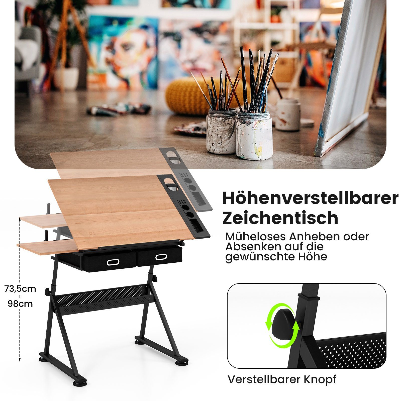 COSTWAY Schreibtisch, höhenverstellbar, neigbar, Hocker Braun+Schwarz & Schubladen mit
