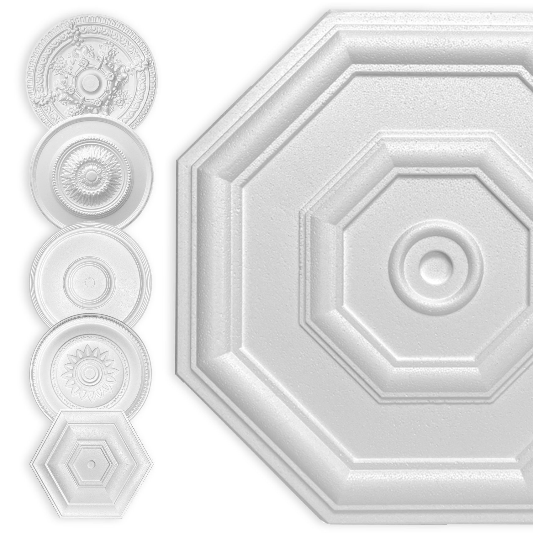 Hexim Wanddekoobjekt Achteck 40cm (HEXIM Stuckrosette aus EPS Styropor weiß - Deckenrosette weiß, Zierelement, Stuck (Hexim) Wanddeko Wohnzimmer Decke Polystyrol)