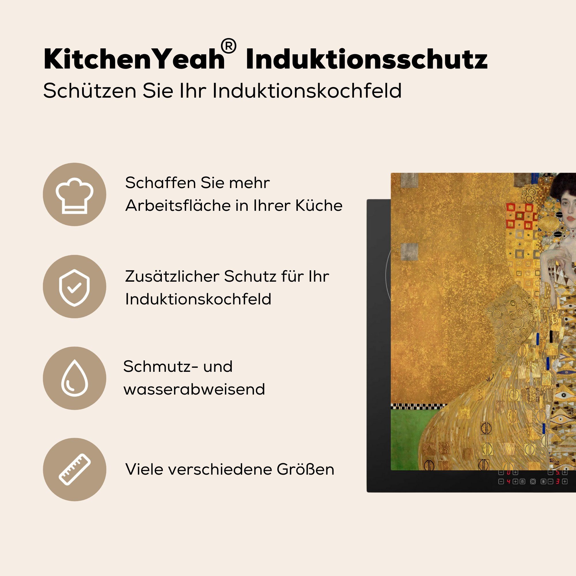 Arbeitsplatte für (1 Gustav Vinyl, Bloch-Bauer Klimt, von Adèle I Porträt cm, küche tlg), Herdblende-/Abdeckplatte MuchoWow - Ceranfeldabdeckung, 78x78
