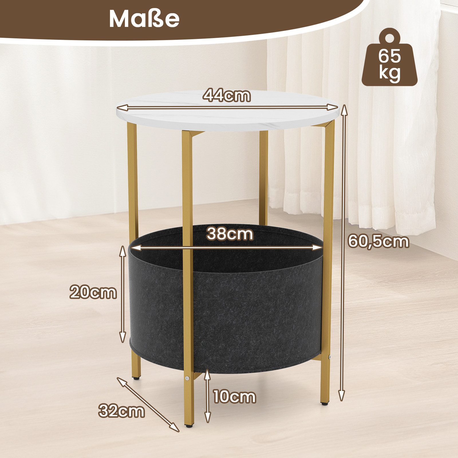 COSTWAY Beistelltisch, rund, mit Stoffkorb, Marmor, 2 Ebenen Nachttisch