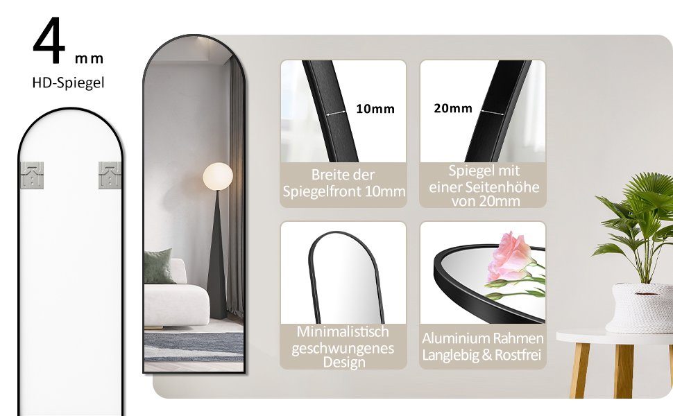 Boromal Spiegel groß 150x50cm Schwarz Wandspiegel Rund bogen Bodenspiegel Gross (Standspiegel Ganzkörperspiegel, mit Alu Rahmen), für Flur, Bad, Schlafzimmer,Wohnzimmer