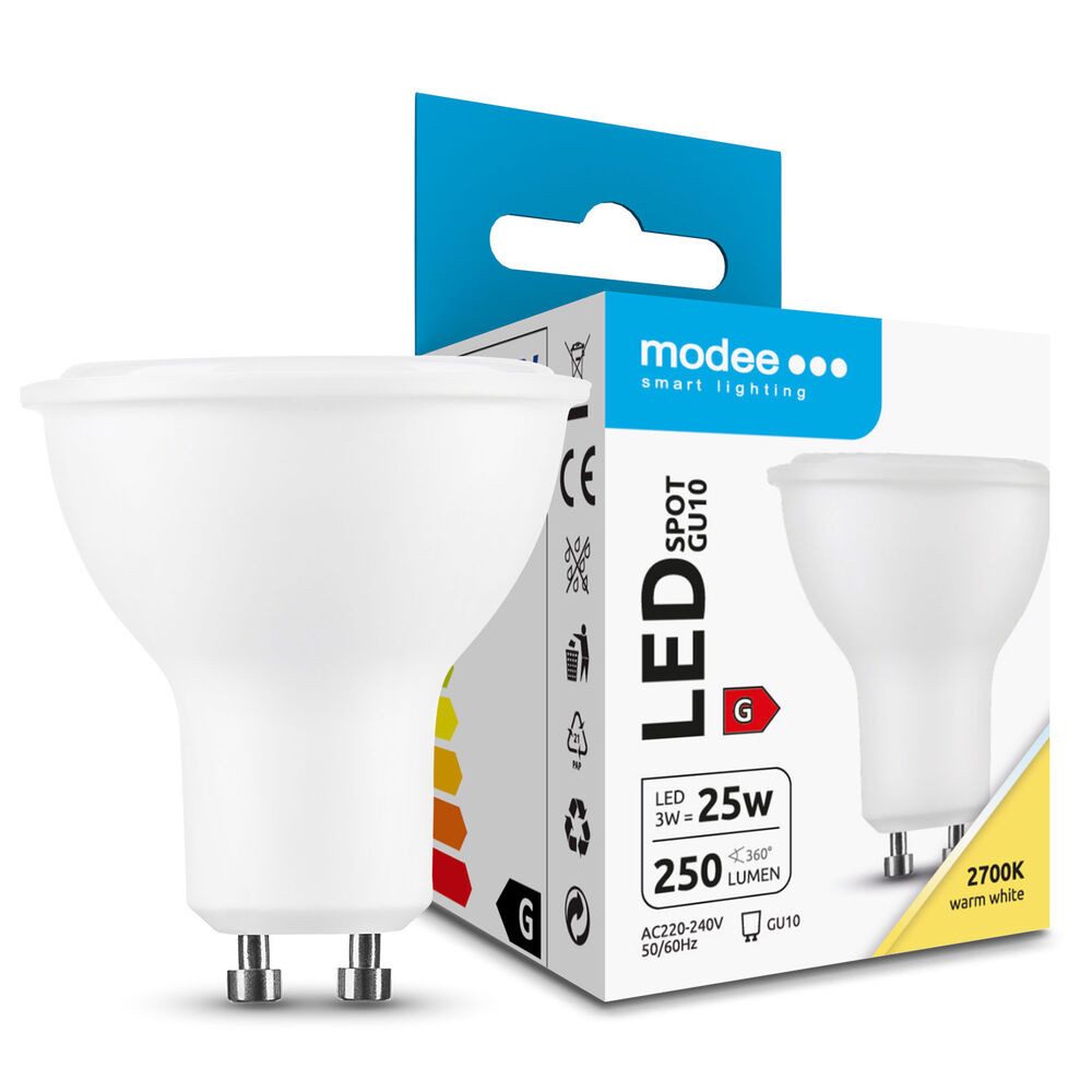 Modee Smart Lighting LED-Leuchtmittel 3w LED GU10 Leuchtmittel Leuchte Spot Einbauleuchte Einbauspot, Warmweiß 2700K, 250 Lumen, Abstrahlwinkel: 110°