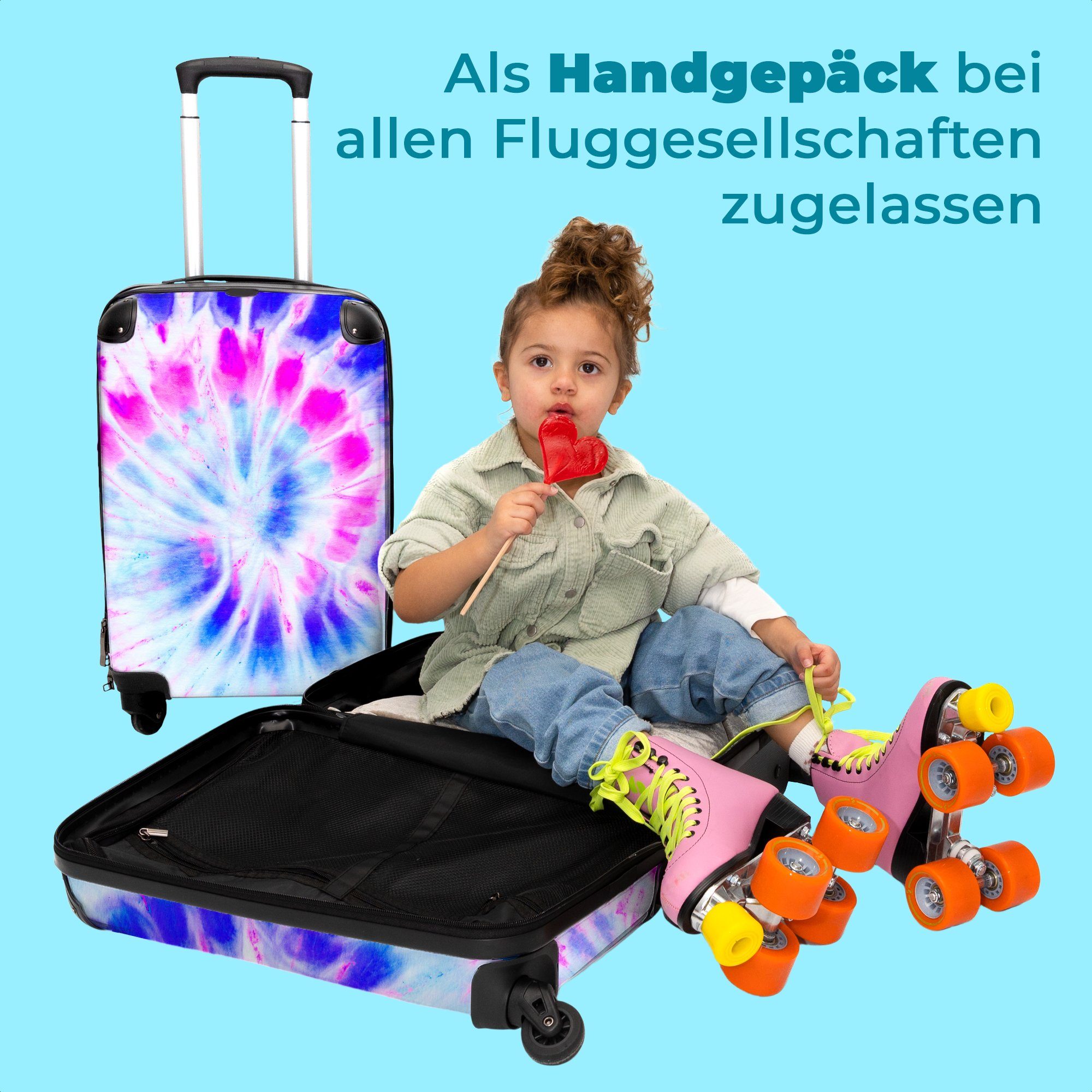 NoBoringSuitcases.com© Kinderkoffer 55x35x20cm Kind, 4 - Reisekoffer - rollen, Sommer Kindertrolley, Krawattenfärbung - Rollen, für Mädchen Hippie mit Mädchen - Koffer 4