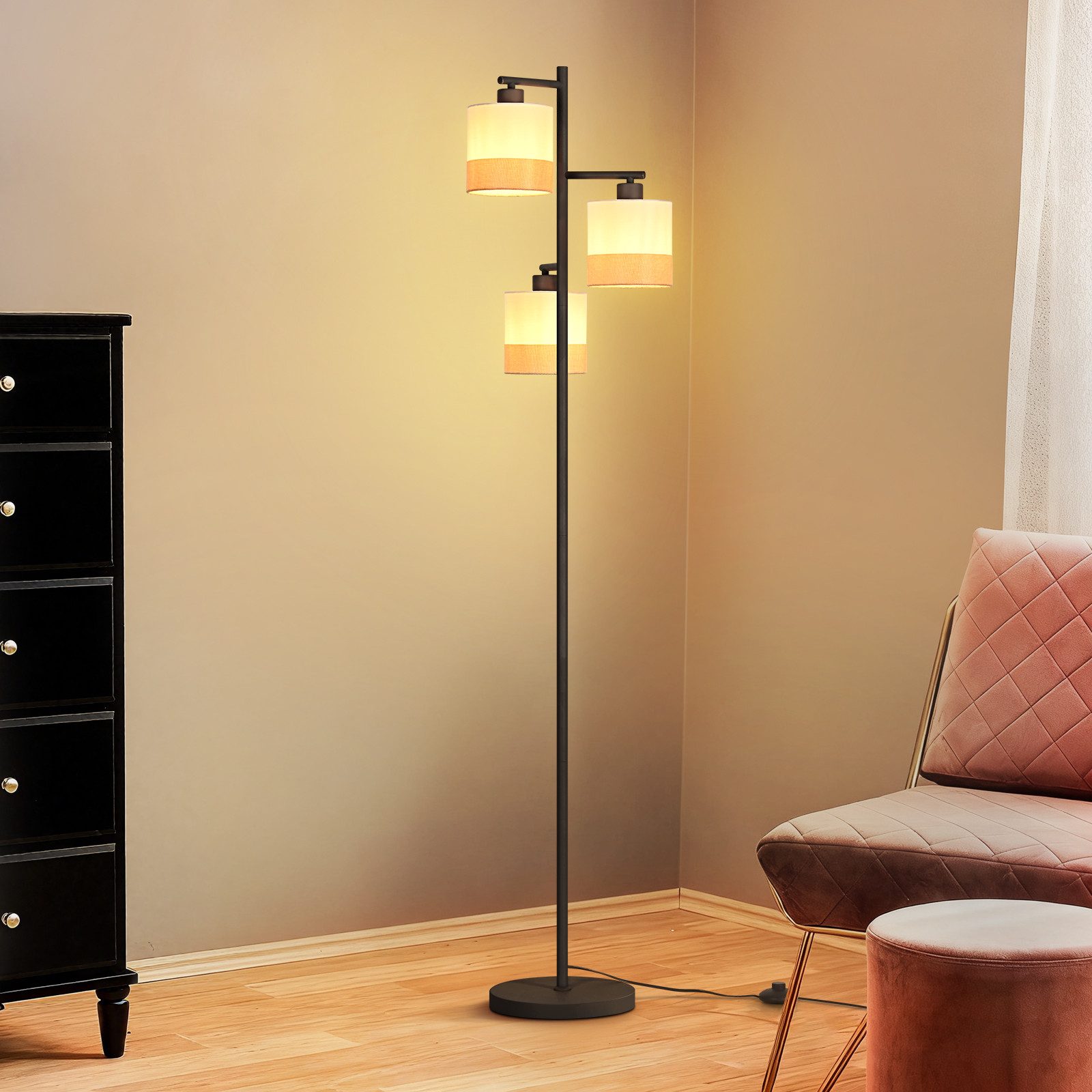 Nettlife Stehlampe Vintage mit Stoffschirm Rustikale Leselampe E27, für verschiedene Räume wie Wohnzimmer Schlafzimmer Arbeitszimmer