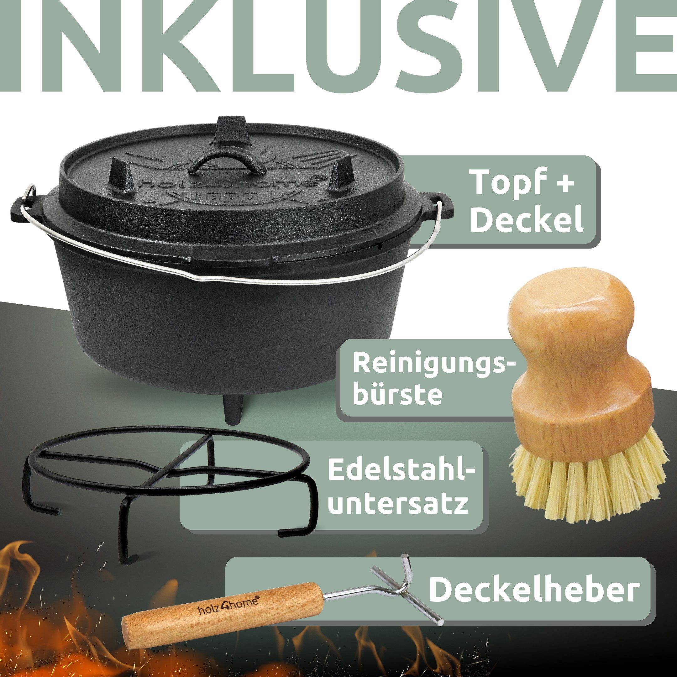 holz4home® Grilltopf Dutch Oven Set aus Gusseisen I Dopf Feuertopf Schmortopf Bräter, Gusseisen (5-tlg), inkl. Deckelheber