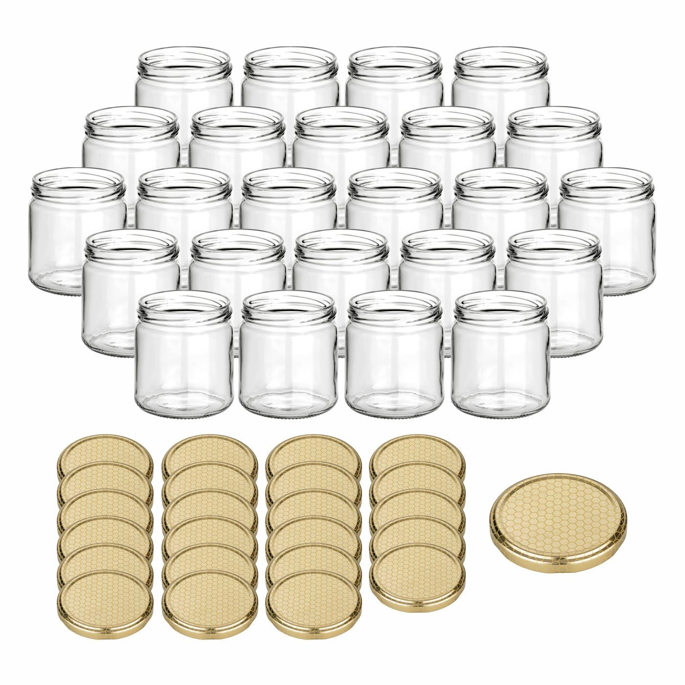 gouveo Honigglas 500g mit Schraub-Deckel - Leere Vorratsgläser 405 ml für Honig, Metall TO82 Bienenwabe, (24-tlg)