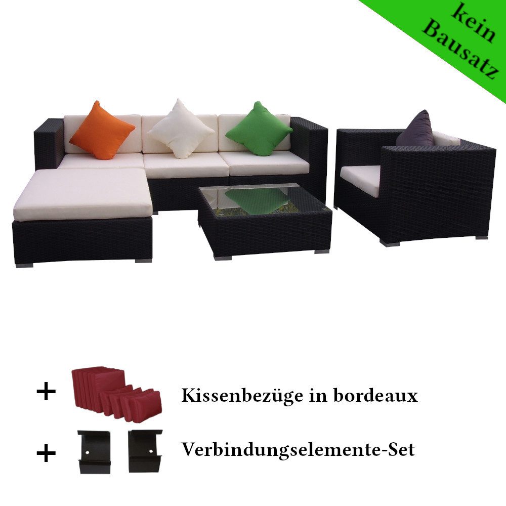 LinJa Gartenlounge-Set Poly Rattan Gartenmöbel Florida, Gartenlounge Sitzgruppe Kissenbezüge bordeaux