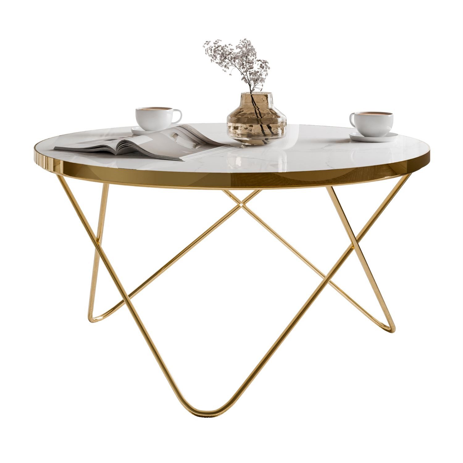 Lookway Couchtisch NORIEL mit goldfarbener Basis und Marmorplatte