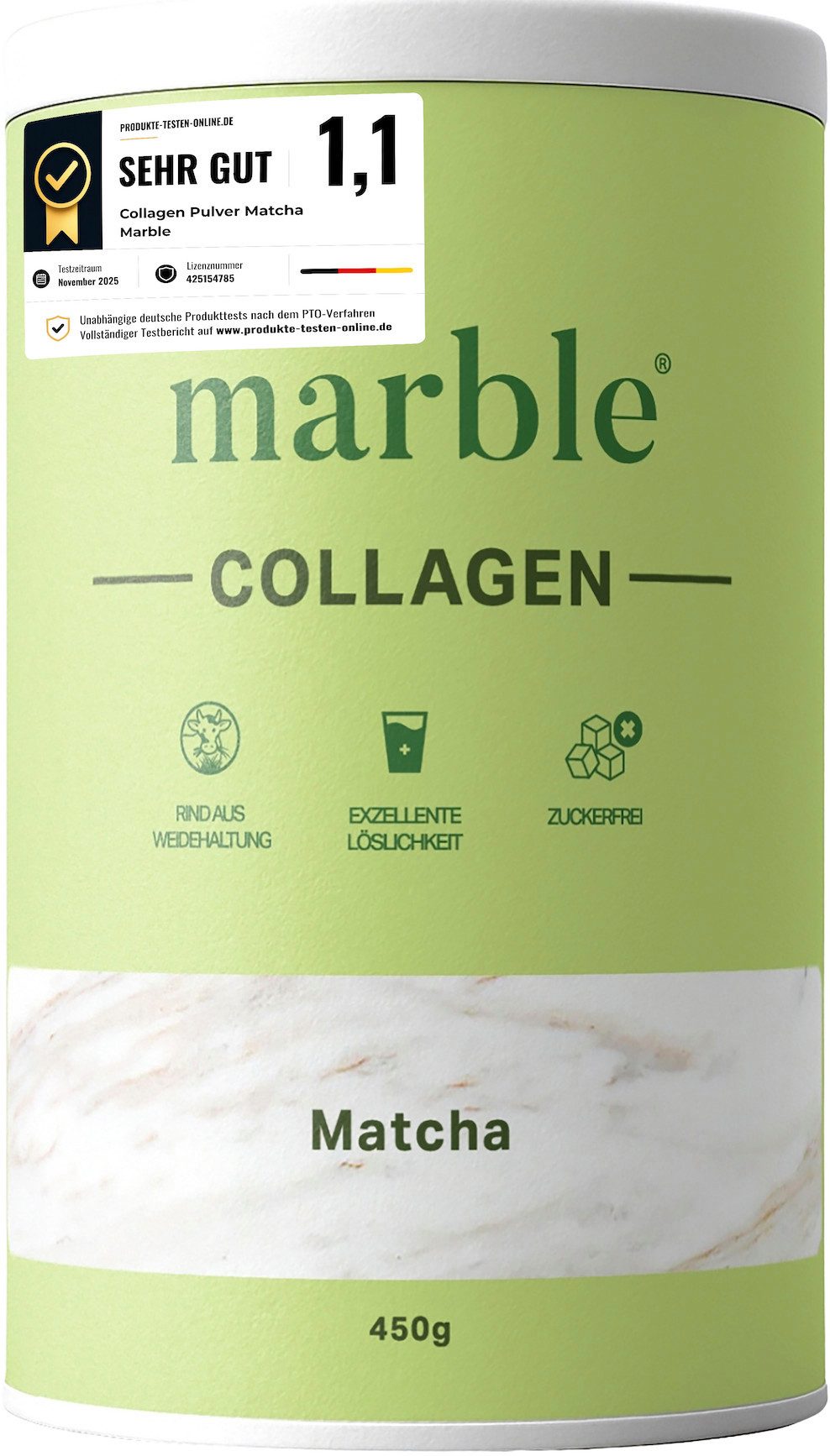 Marble Kollagen Pulver Matcha 450 g – Peptide Typ 1, 2 & 3 - marble® Pulver, Packung à 1 St., 400 g, Pappdose ohne Plastik, Umweltschonend