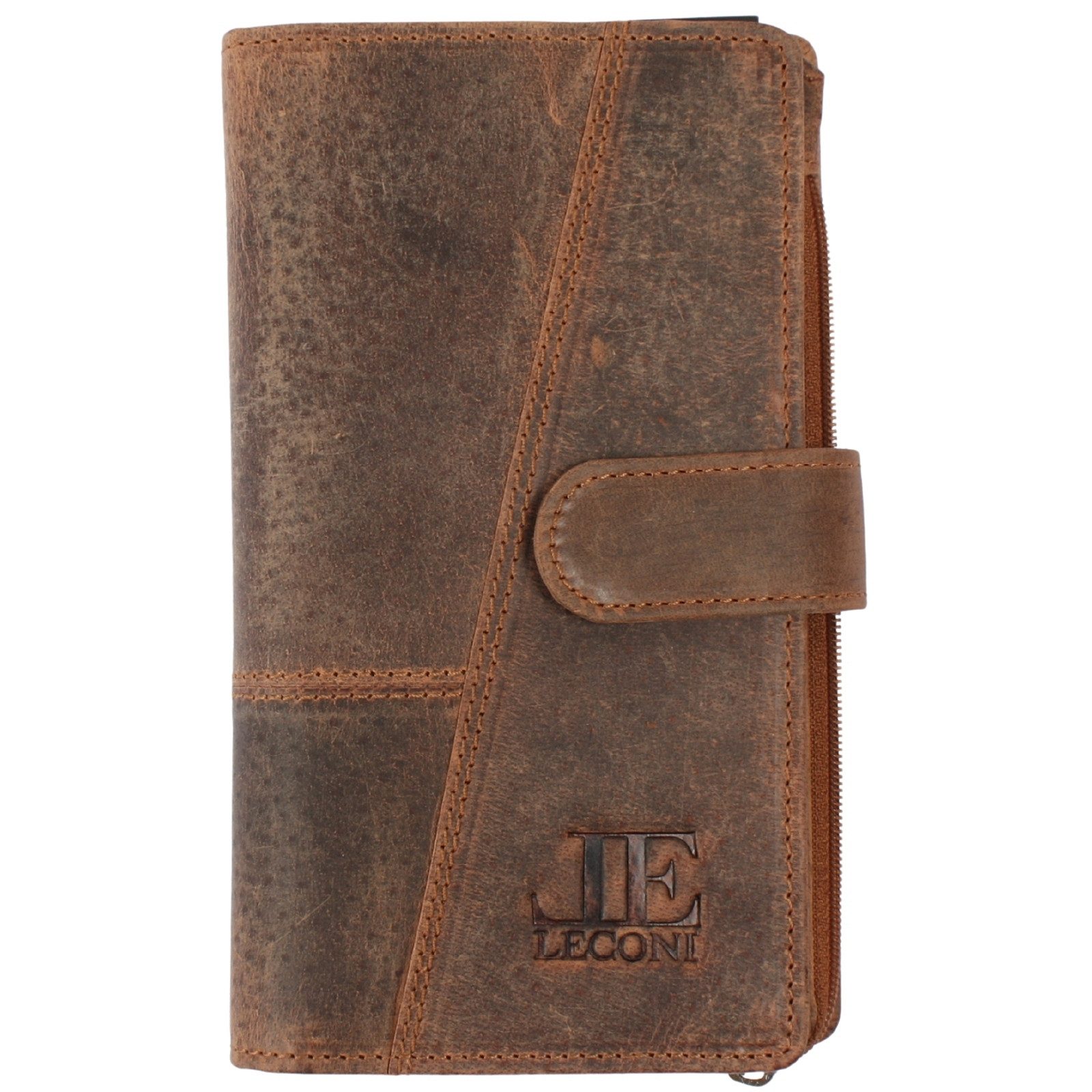 LECONI Geldbörse großes Portemonnaie Damen Brieftasche Frauen Echt Leder LE9017, Schlaufe mit Druckknopf – 20 Kartenfächer – 11 × 19 × 2,5 cm