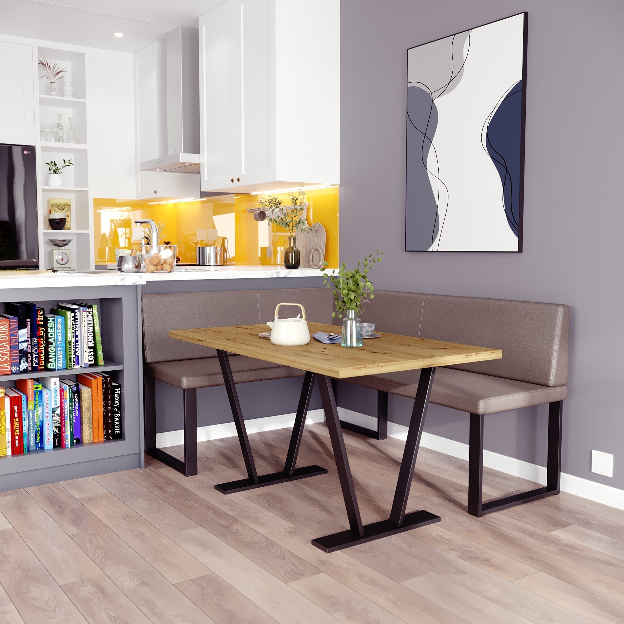 AN-MOEBEL4U Eckbankgruppe Alina Metall mit Tisch, Moderne Sitzecke perfekt für Ihr Esszimmer, Küche (128x168/142x196)