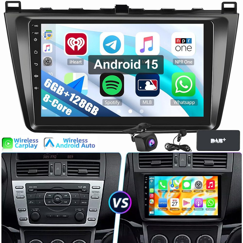 ESSGOO 6+128GB Android 15 Für Mazda 6 GH GG 2007-2012 8-Kern Autoradio (RDS, Digitalradio (DAB), FM, AM, Apple Carplay Android Auto SWC EQ BT)