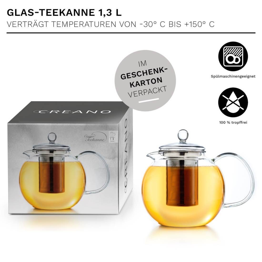 Teekanne Glas Stövchen + ein aus aus Teekanne Edelstahl, (Set) 1,3l 3-teilige, Creano Creano