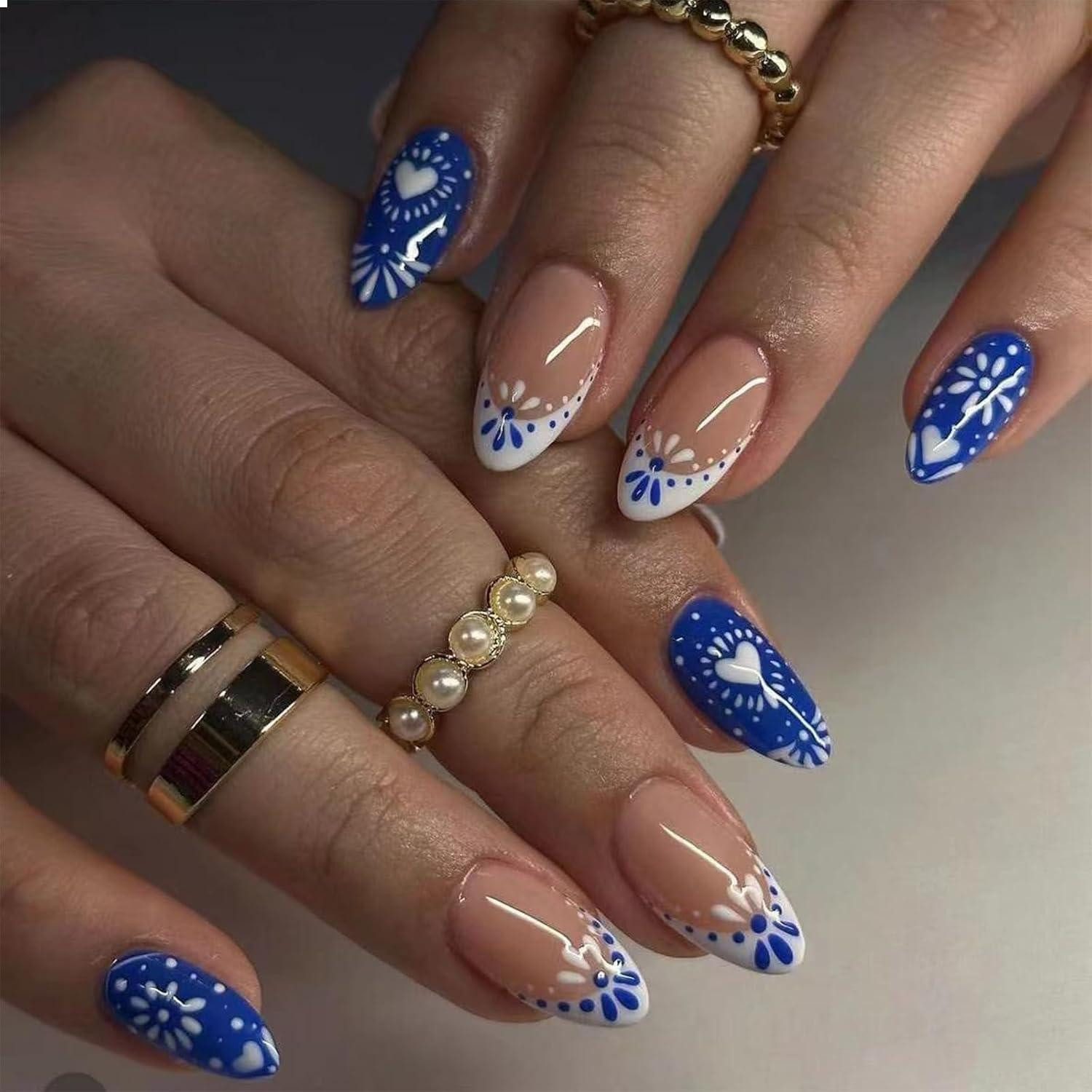 Kunstfingernägel 24 Stück French Tip Press On Nails Mittel Länge Bohemian Style Blaue