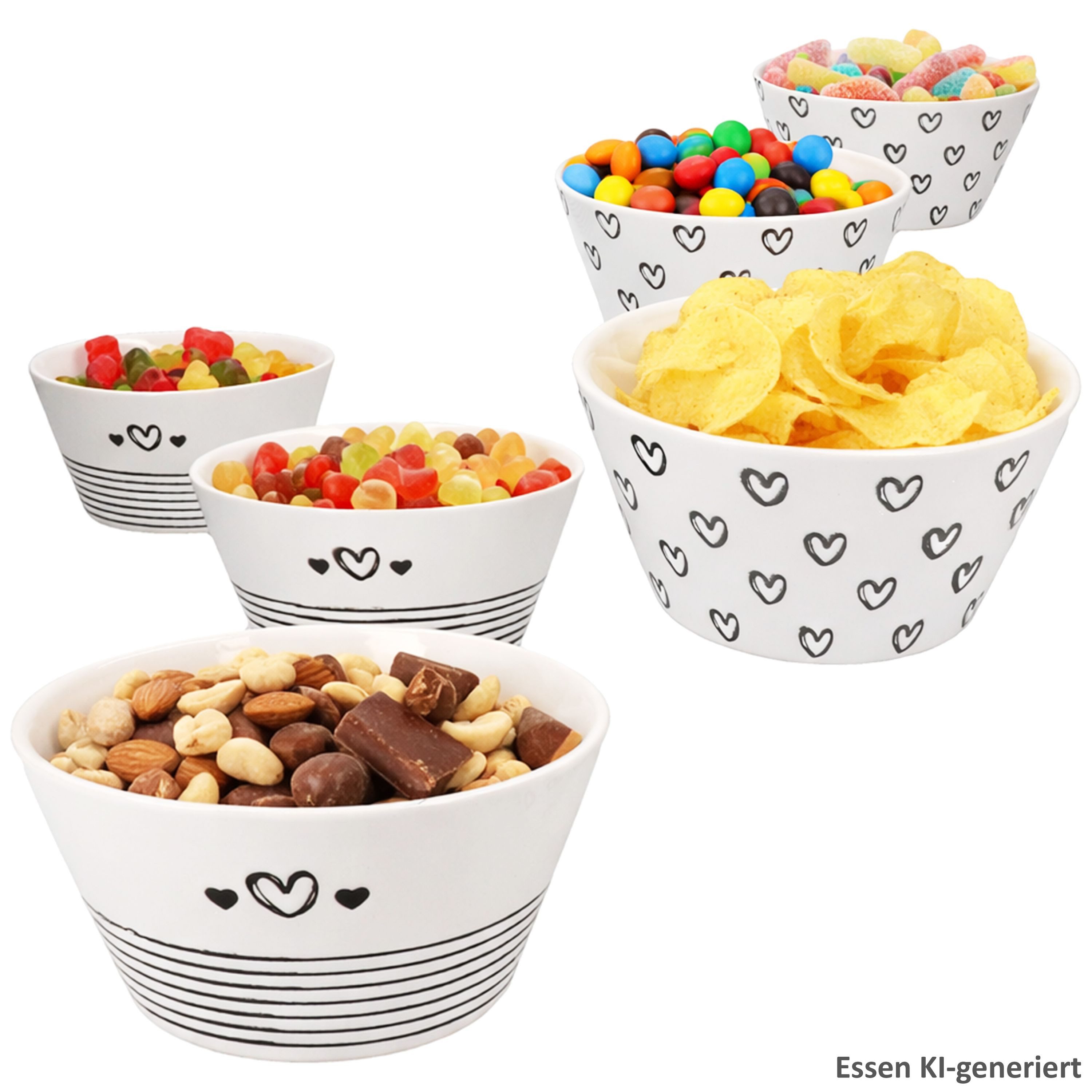 MamboCat Müslischale MamboCat 6er Set Cupid Müslischalen Porzellan schwarz weiß Herz 250ml, Steingut