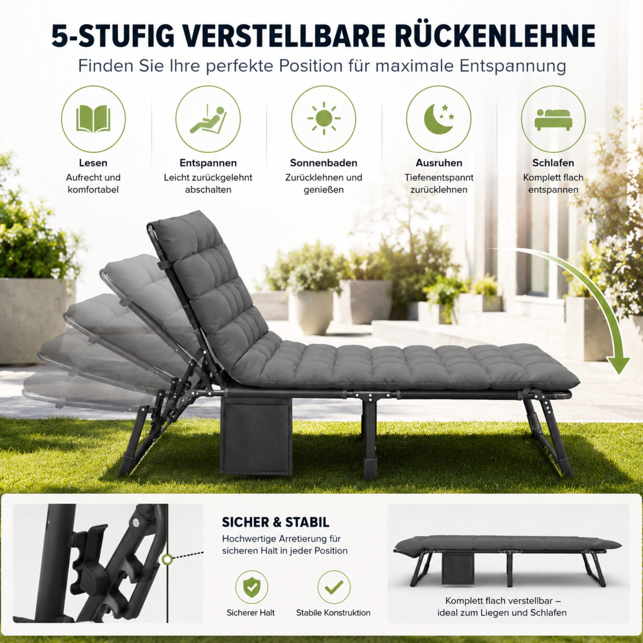 Norvéa Home Gartenliege Klappbett faltbar Gästebett Campingliege verstellbar 150kg, Komplett-Set, Faltbar, verstellbar, gepolstert, stabil, platzsparend