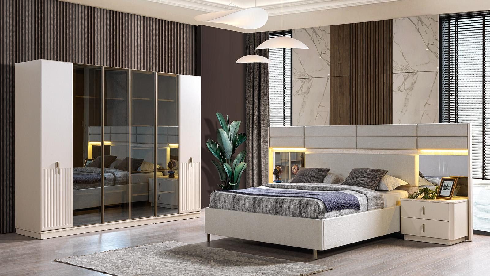 JVmoebel Komplettschlafzimmer Bett Nachttisch Kleiderschrank Schlafzimmer modern weiß neu, Made in Europa