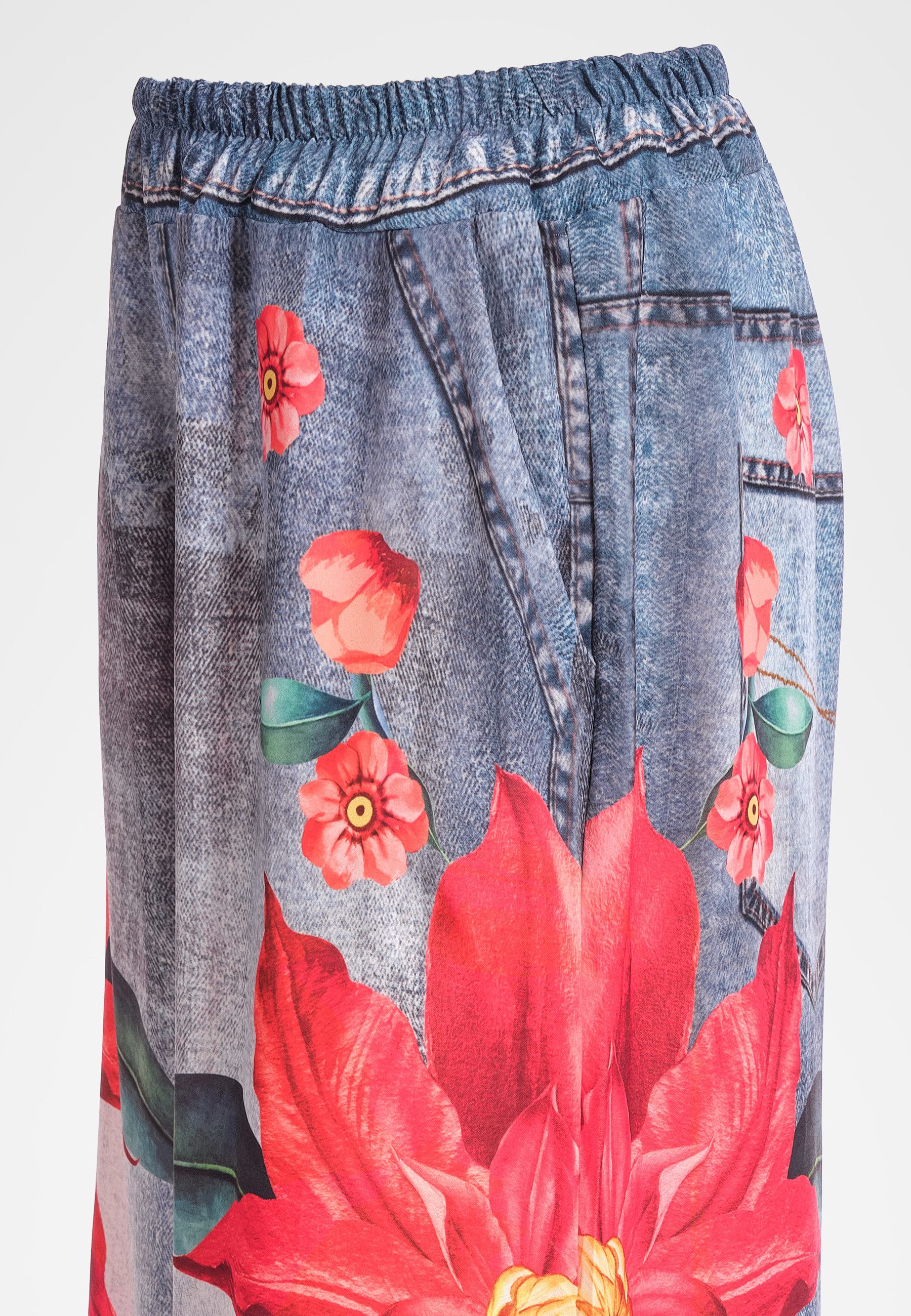 PEKIVESSA Schlupfhose Marlenehose in Jeans-Optik mit weitem Bein Schlupfhose mit Eingrifftaschen