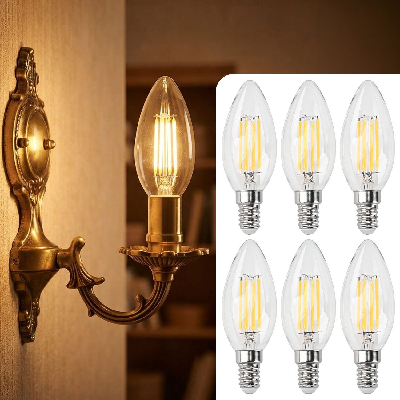 shop'n smile ideoon LED-Leuchtmittel LED Filament Kerzenlampe C35 E14 4W 400lm Vintage Glühbirne Warmlicht, E14, 6 St., Warmweiß, Extra warmweißes Licht 2500K/Kerzenform (C35)/Faden-LED