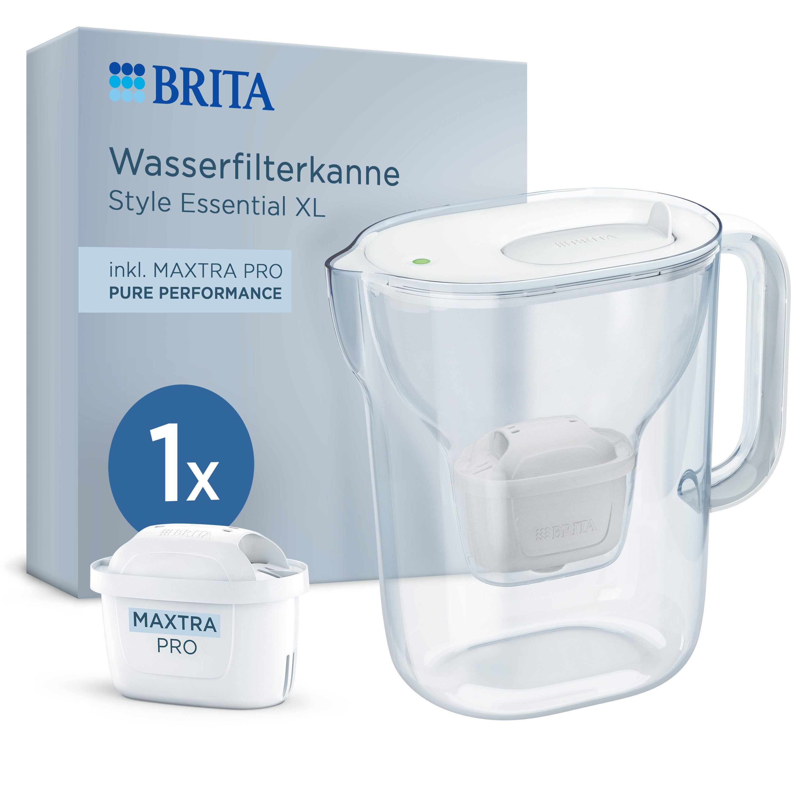 BRITA Wasserfilter Kanne MAXTRA Style Essential XL weiß (3,6l), 1x Pure Performance, Große Filterkanne, Filterwechselanzeige, reduziert PFAS, Kalk & mehr