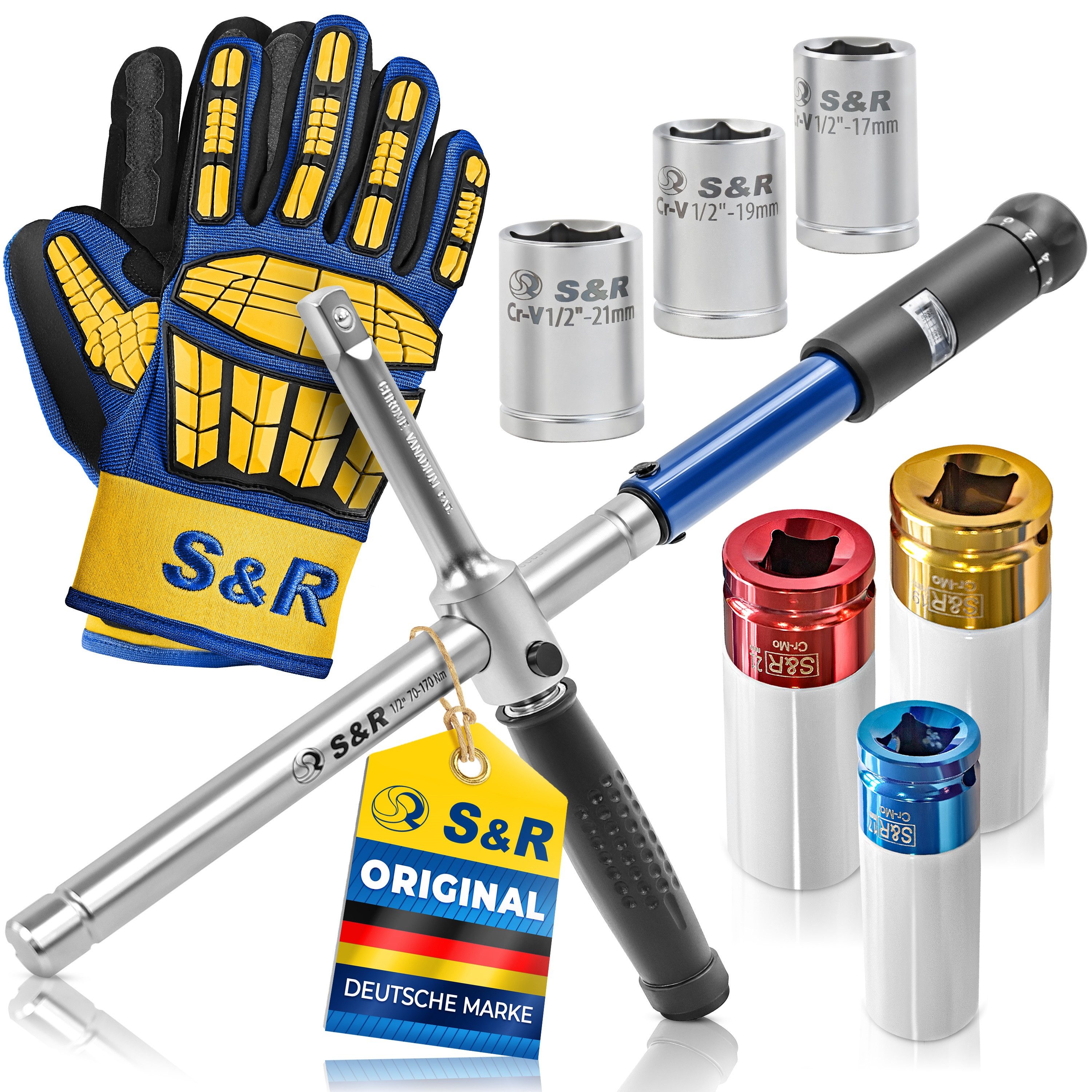 S&R Drehmomentschlüssel (Set, 5-tlg. Drehmomentschlüssel + Spindelgriff + 3 Stecknüsse 17, 19, 21 mm)