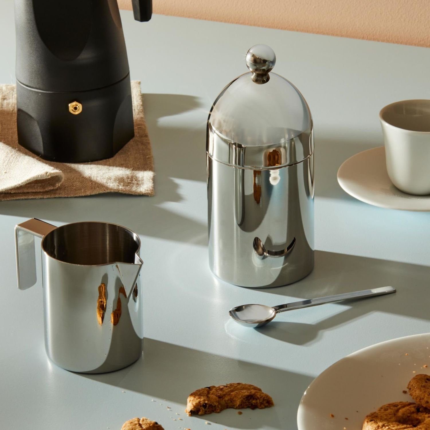 Alessi Zuckerdose 90024, Edelstahl, mit Löffel
