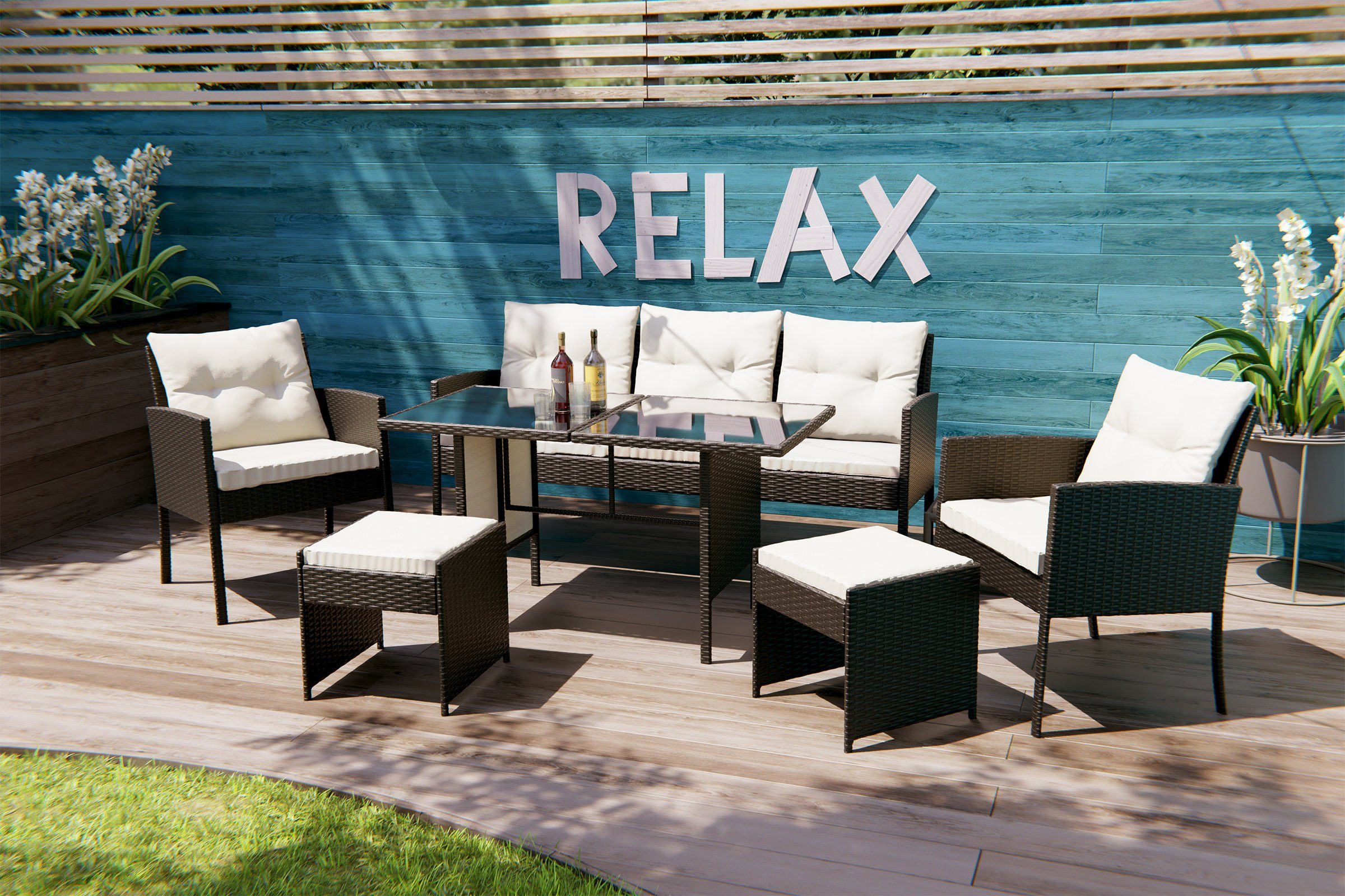 Swing&Harmonie Sitzgruppe Poly Rattan Sitzgarnitur Sydney Esstisch Lounge, (Gartenmöbel Garten-Garnitur Set, 1x Tisch + 2x Stühle + 1x Sitzbank + 2x Hocker)