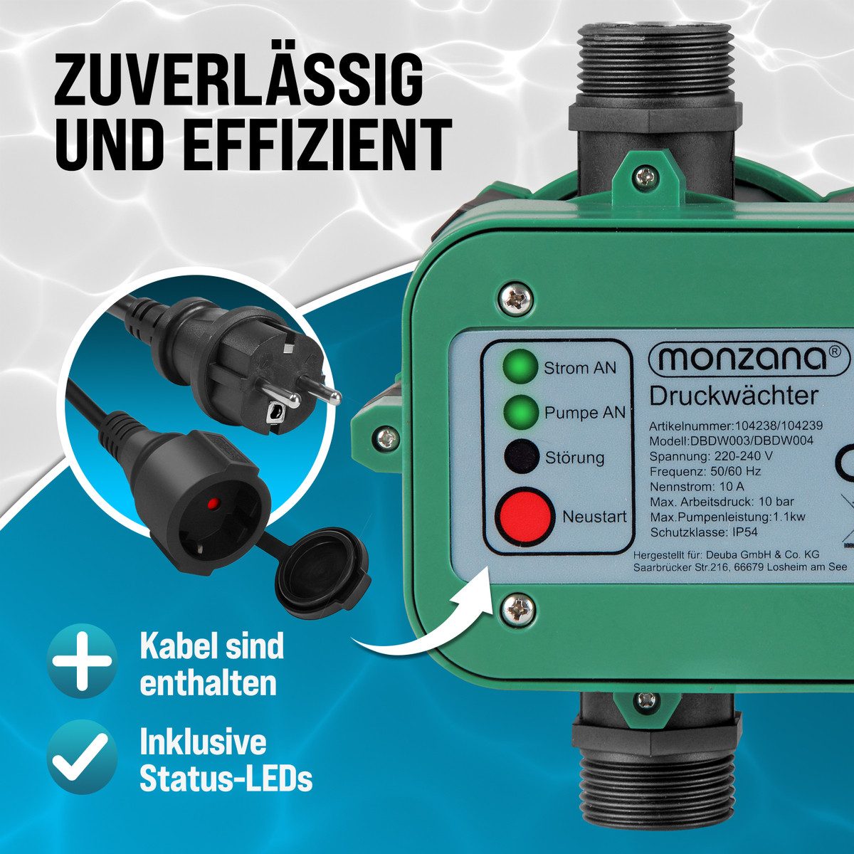 monzana Wasserpumpe, Druckschalter mit Kabel 10 Bar Gartenbewässerung Pumpensteuerung