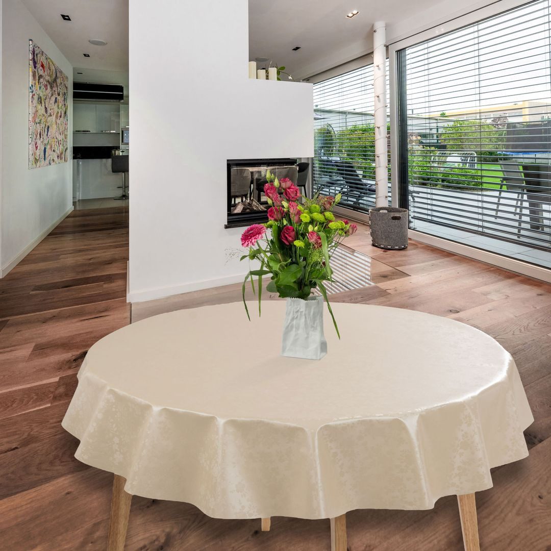 laro Tischdecke Wachstuch-Tischdecken Abwaschbar Geprägt Blumen Beige Creme Rund 140cm