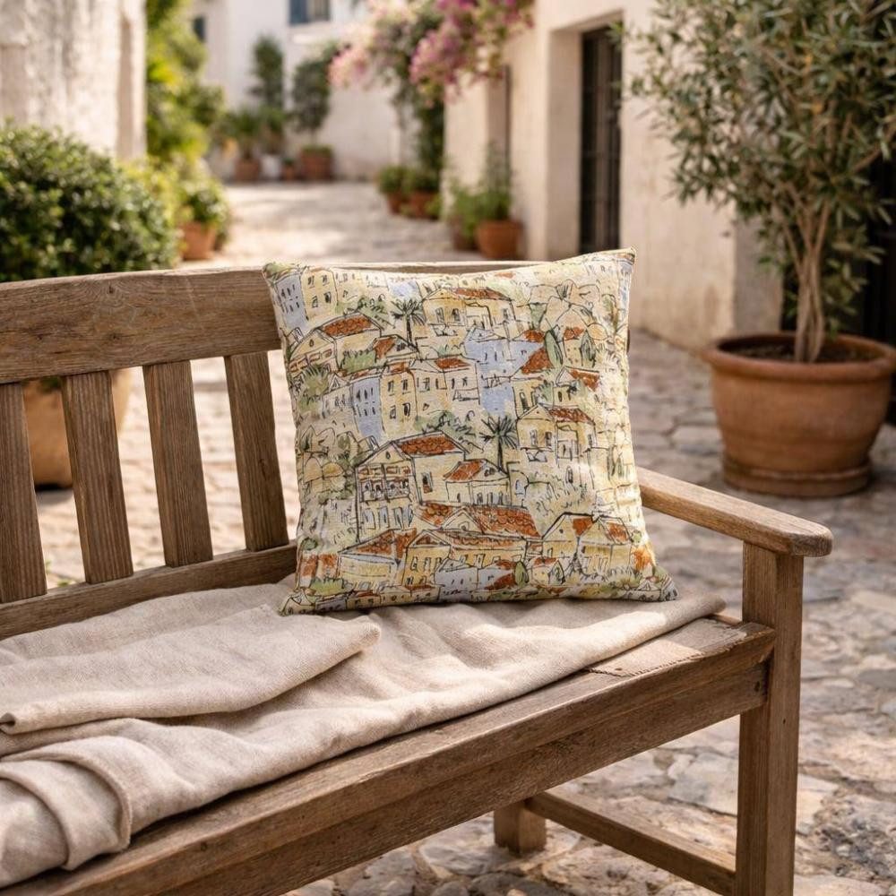 sander table + home Kissenhülle Sander Kissenhülle Menorca – Mediterranes Dekokissen mit Häuser-Motiv