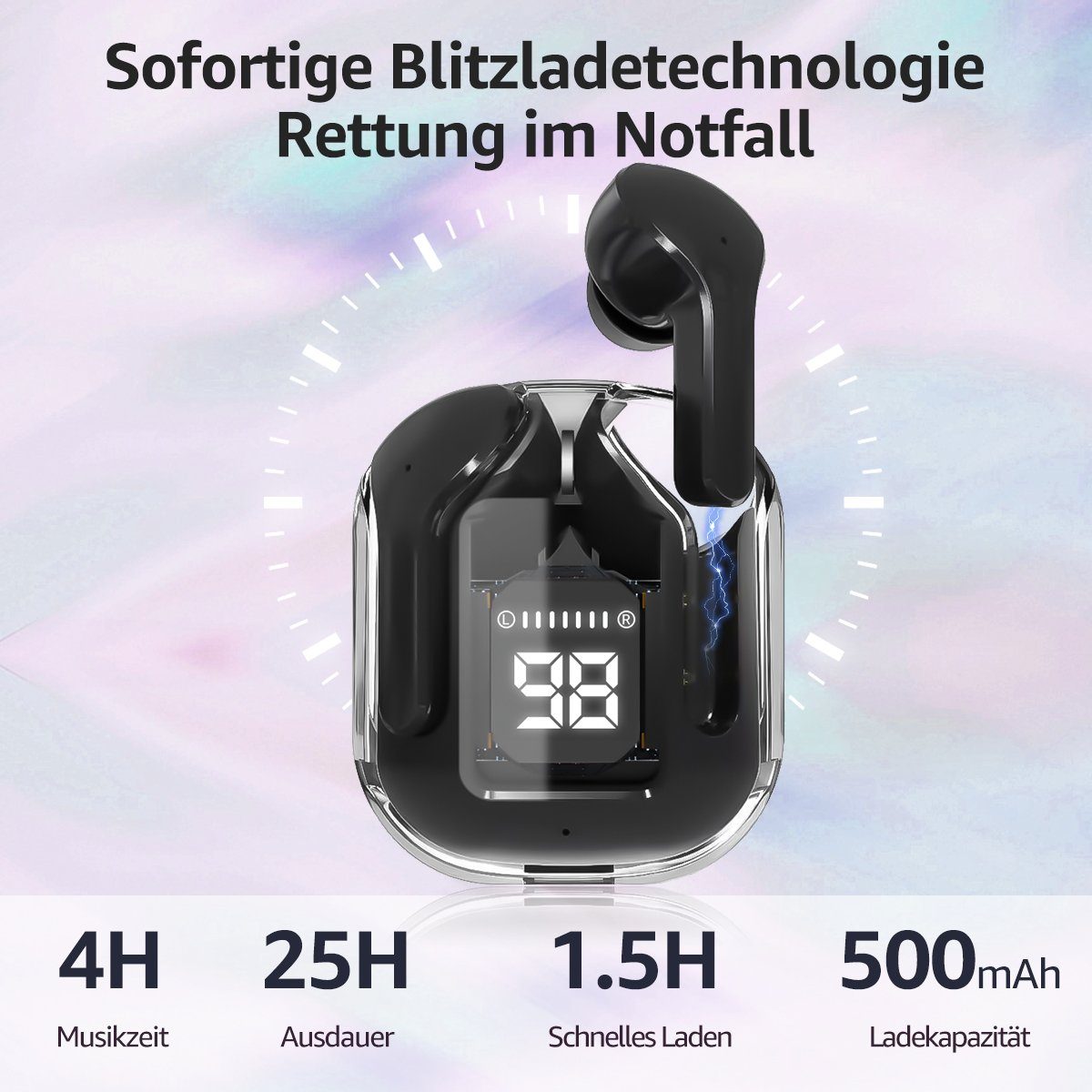 Kabellos Crystal Smart Cancelling Kopfhörer Bluetooth Gaming 5.3 EDR, + Control, Schwarz Bluetooth-Kopfhörer Kopfhoerer TWS (Bluetooth ENC 2023 Noise Transparent Touch Kopfhörer) 7Magic NEU