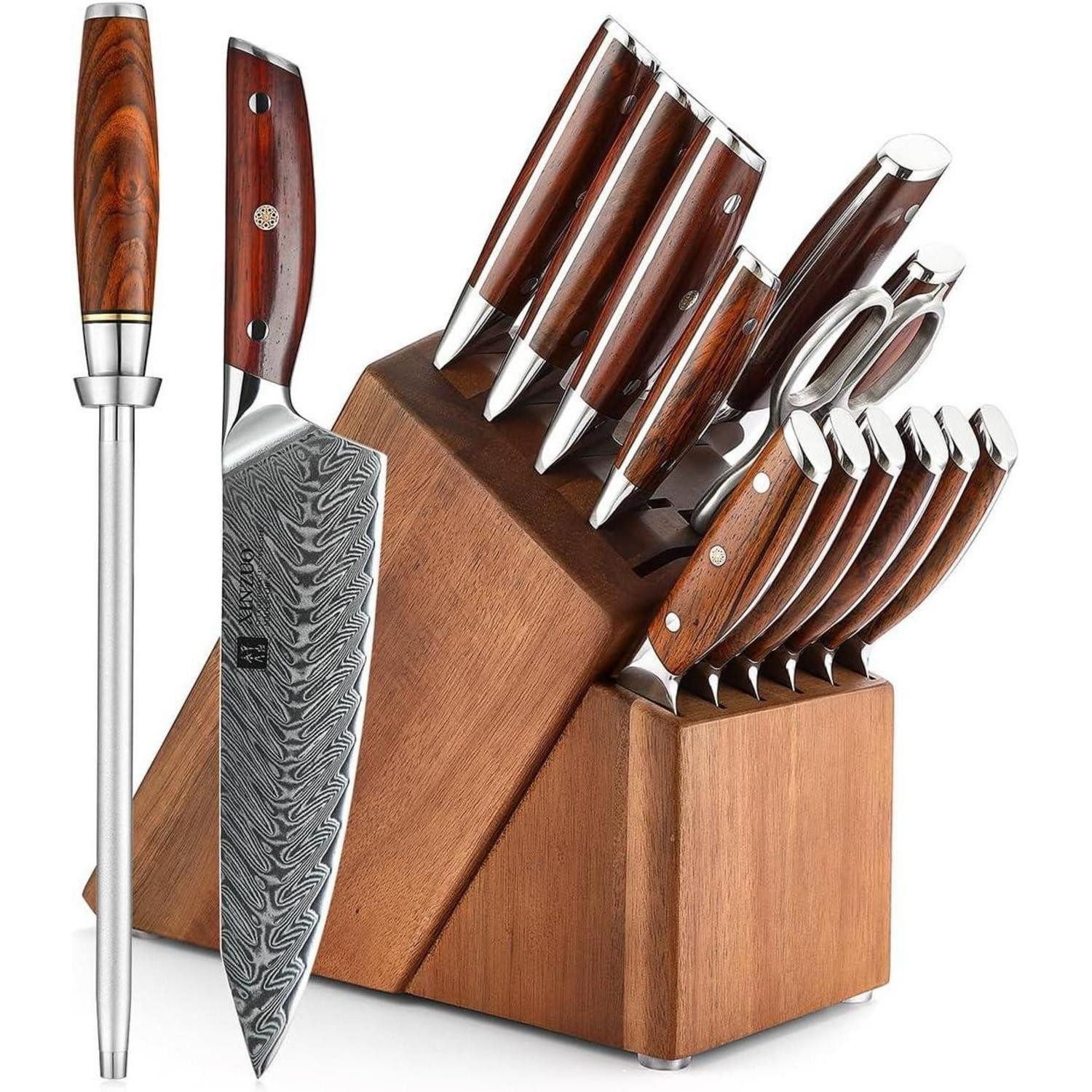 LuxusKollektion Messerblock Damaskus Küchenmesser Set 15er mit Akazienholz Messerblock und Schere